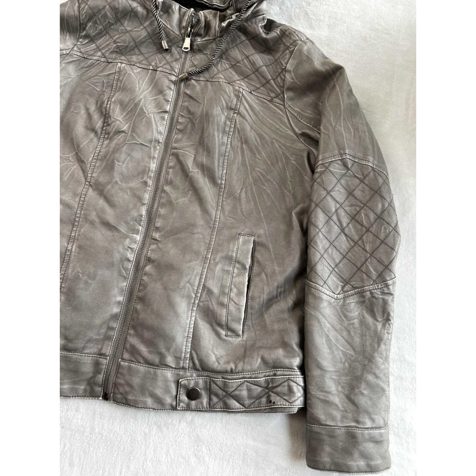 BKE BKE Jacket Women’s Medium Gray Faux Leather Hooded Quilted Moto Size M / US 6-8 / IT 42-44 - 3 Thumbnail