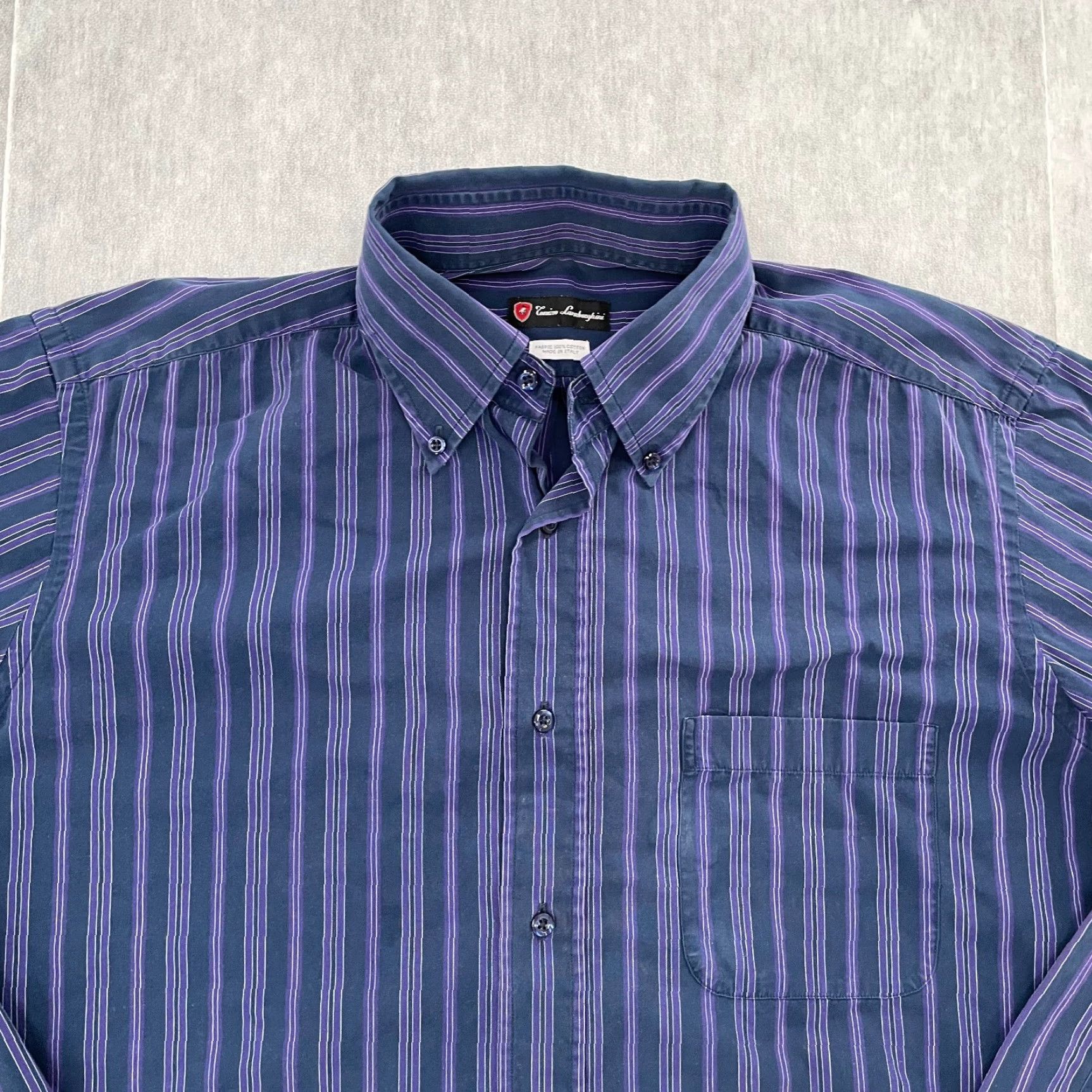 Lamborghini Tonino Lamborghini Shirt Adult 16/41 Blue Purple Striped Button-Up Long Sleeve Men Regular 16/41 Cars Collection 90s? (Note: This is uncertain) Size US L / EU 52-54 / 3 - 3 Thumbnail