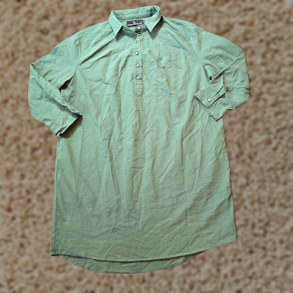 Vintage Pomander Place Dress Shirt Dress Womens Size M Green Polly Boxy Casual Collared Long Sleeve Pockets Knee Length Woven Cotton Size M / US 6-8 / IT 42-44 - 1 Thumbnail