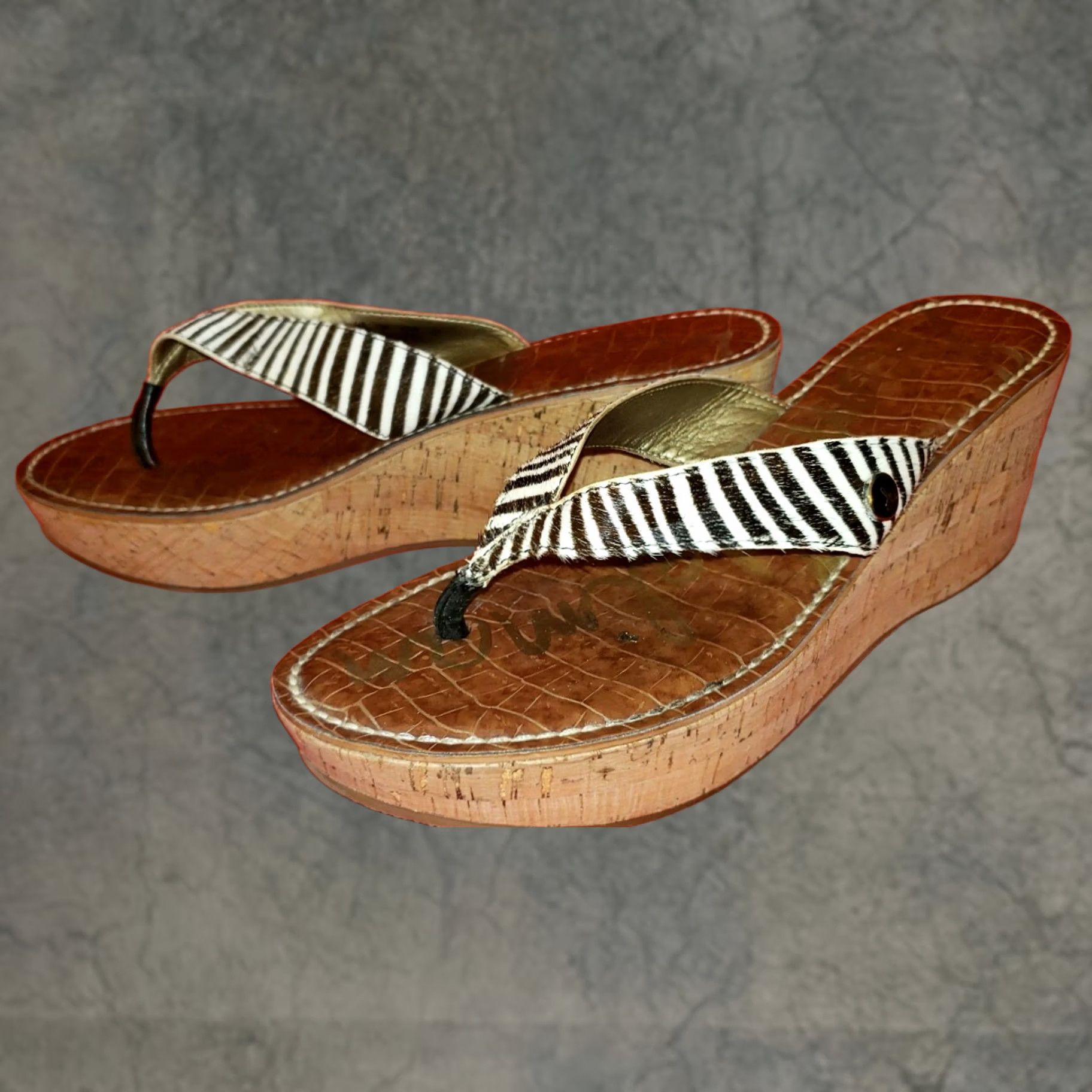 Sam Edelman Sam Edelman Toe Post Slide Wedge Sandal US 10M White Brown Striped Cork Wedge Womens Size US 10 / IT 40 - 1 Thumbnail