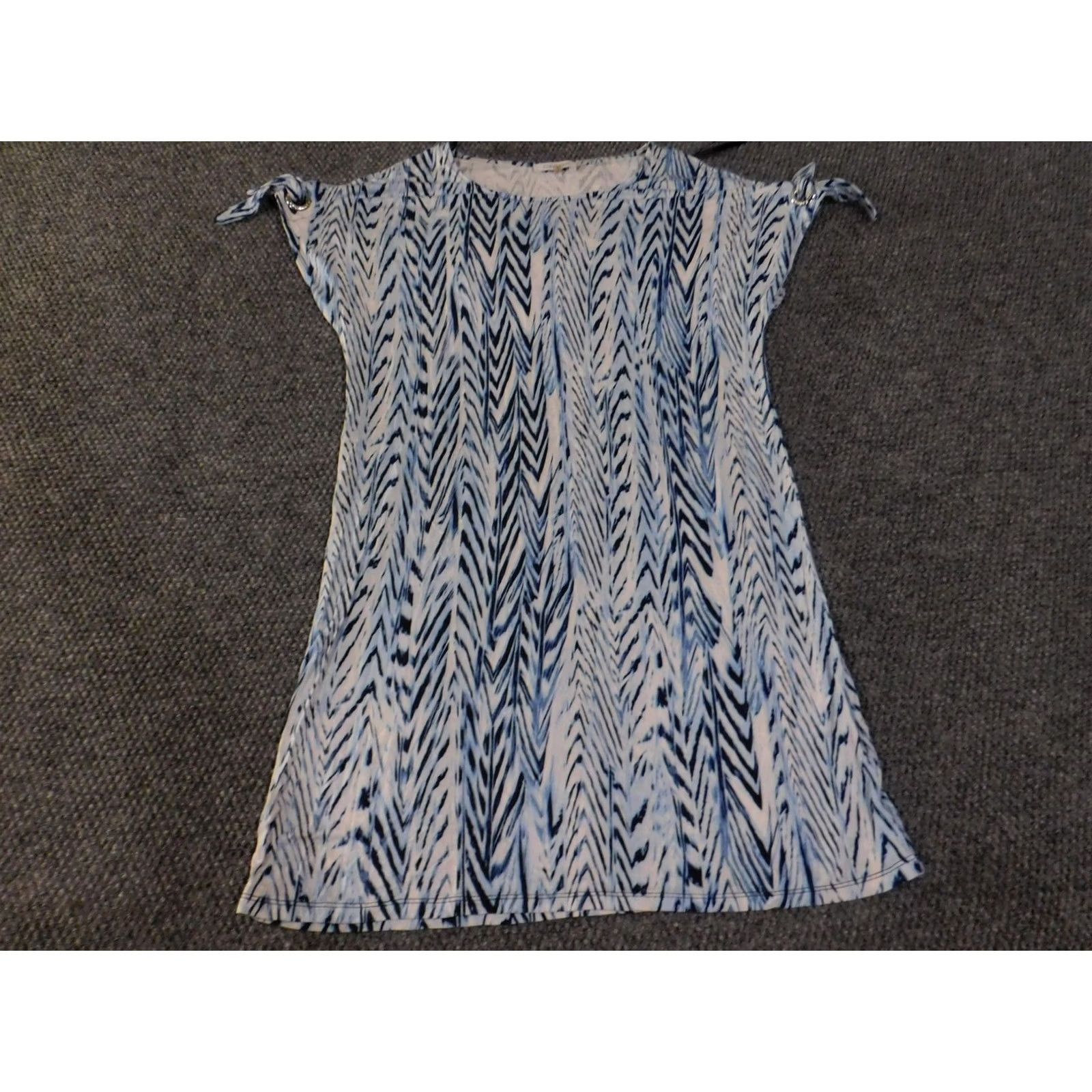 Calvin Klein Calvin Klein Dress Womens Small Blue White Ikat Print Stretch Shift Tie Shoulder Crew Neck Cap Sleeve Pullover Casual Travel Short Size S / US 4 / IT 40 - 3 Thumbnail