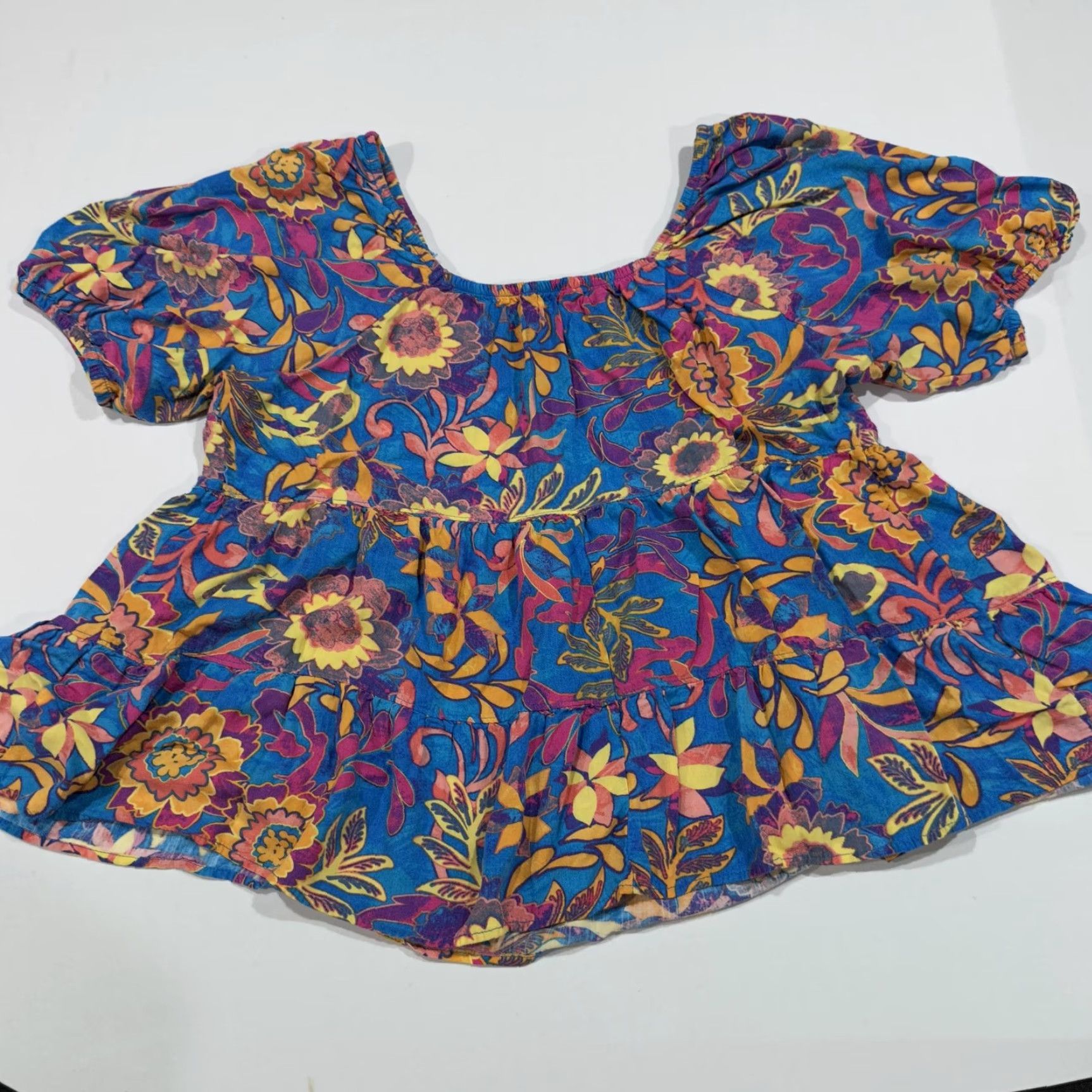 Vintage Terra & Sky Blouse Womens Plus 1X Blue Yellow Pink Puff Sleeve Scoop Neck Tunic Floral Ruffle Elastic Waist Casual Pullover Size XL / US 12-14 / IT 48-50 - 5 Thumbnail