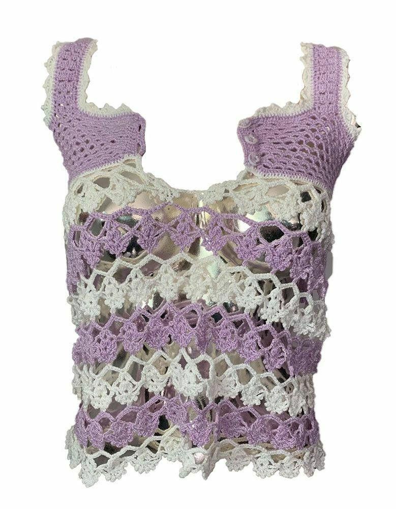 Designer New White And Purple Crocheted Blouse S Size S / US 4 / IT 40 - 1 Thumbnail