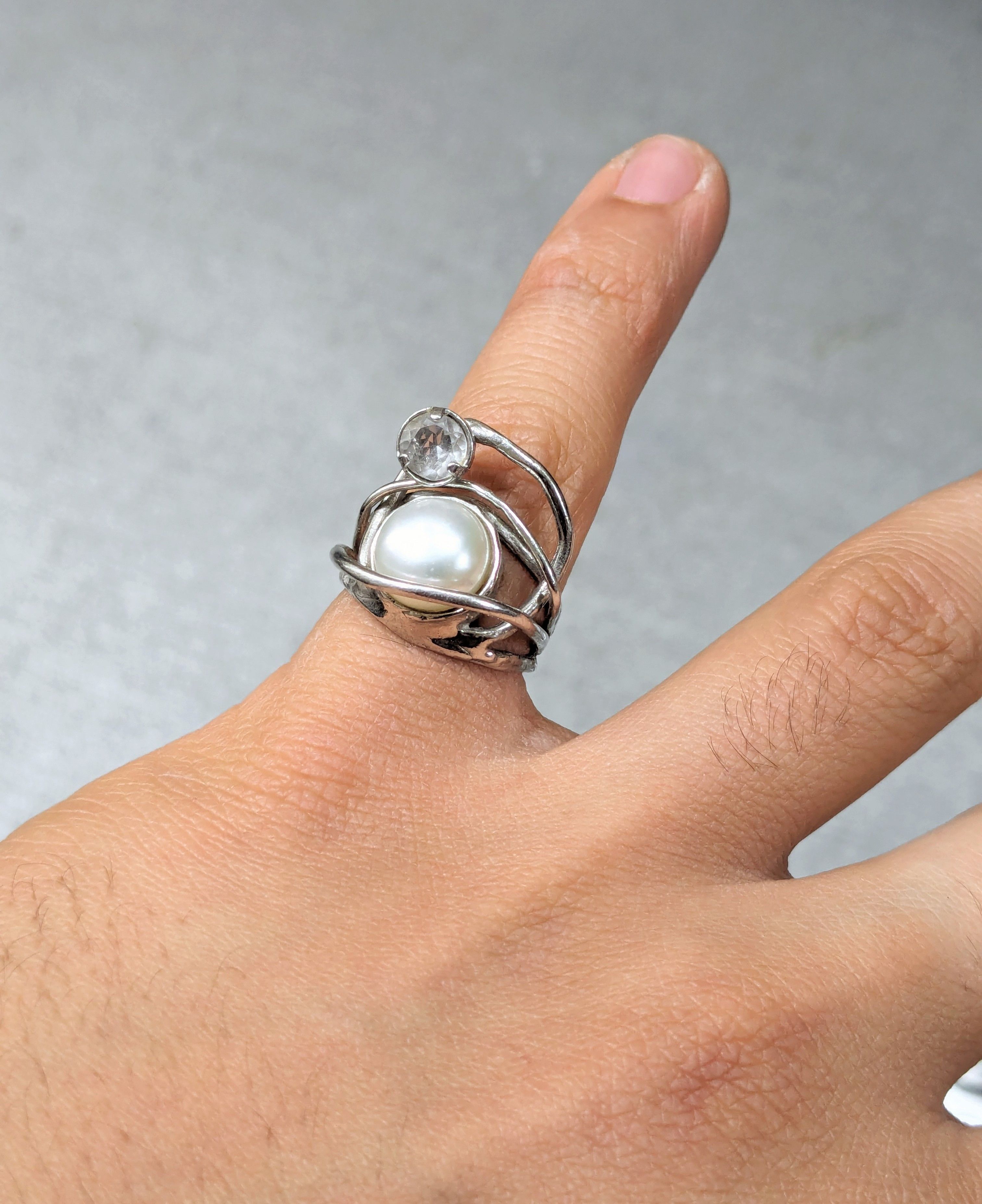 Jewelry Lirm Sterling Silver Ring Pearl Modern Avant Garde 7 Israel Size ONE SIZE - 13 Thumbnail