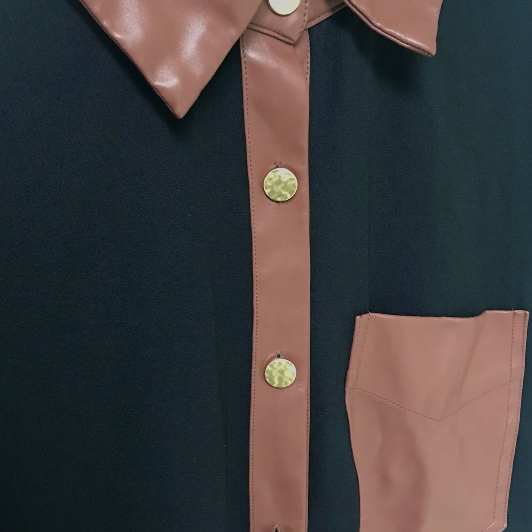 Vintage Entro Women Black/Brown Faux Leather Trim Button-Up Short Sleeve Top Shirt L Size L / US 10 / IT 46 - 4 Thumbnail