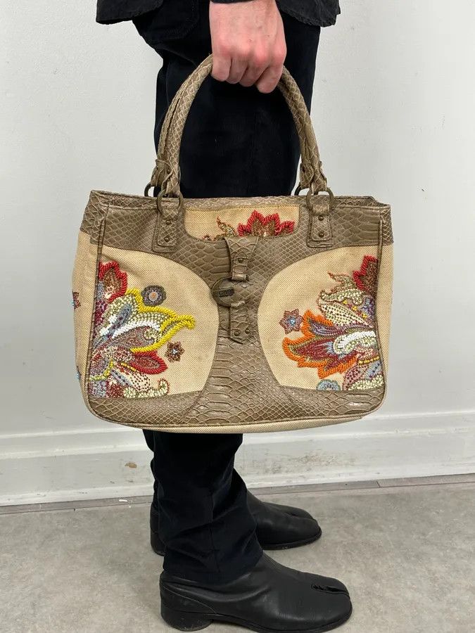 Just Cavalli Just Cavalli Beige Python Embroidered Beaded Tote Handbag Size ONE SIZE - 2 Thumbnail