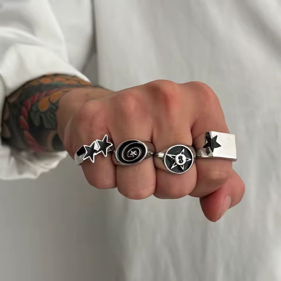 Jewelry 4pcs set Punk Hip Hop Star Geometric Streetwear Rings Size ONE SIZE - 1 Thumbnail