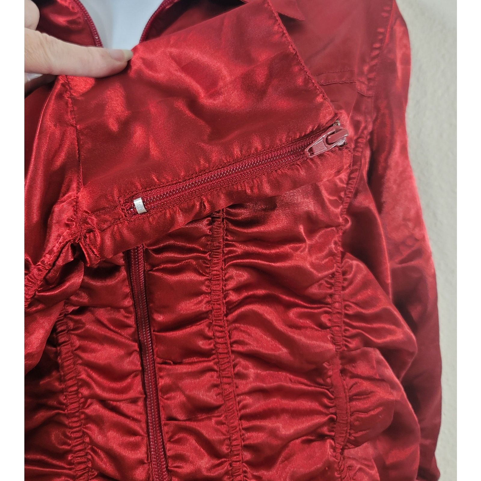 Other Overdrive Red Satin Ruched Full Zip Collard Jacket Large Size L / US 10 / IT 46 - 7 Thumbnail