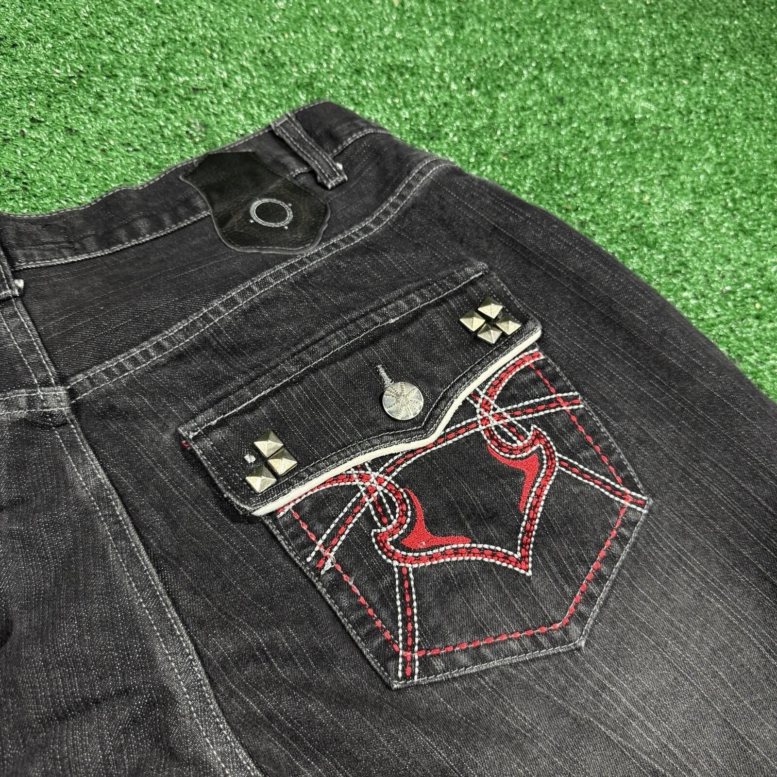 Other Y2K Red Ape Distressed Black Baggy Jeans Mens 36 Embroidered Size US 36 / EU 52 - 4 Thumbnail