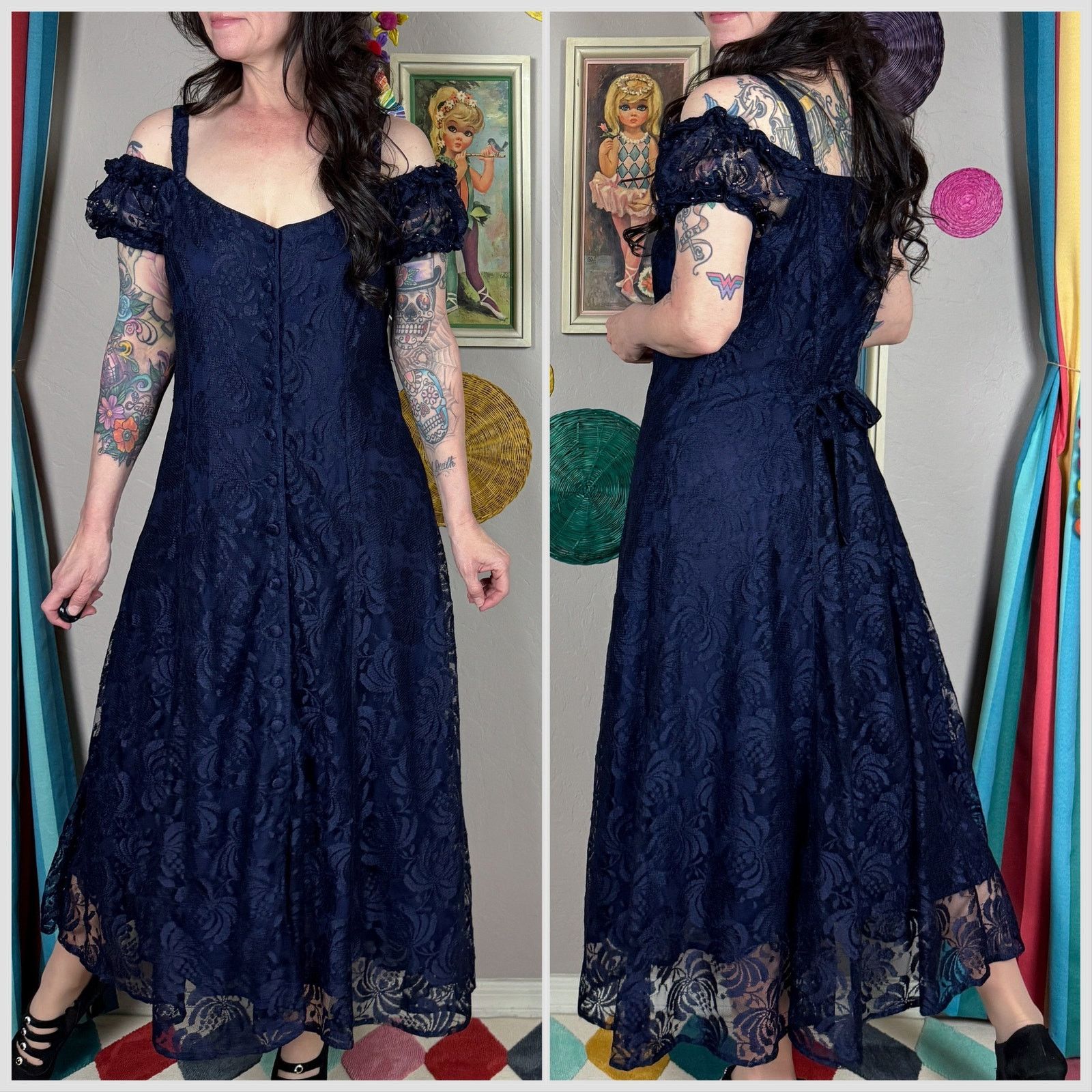 Vintage 1990s Midnight Blue Lace Off The Shoulder Button Front Dress Size M / US 6-8 / IT 42-44 - 3 Thumbnail