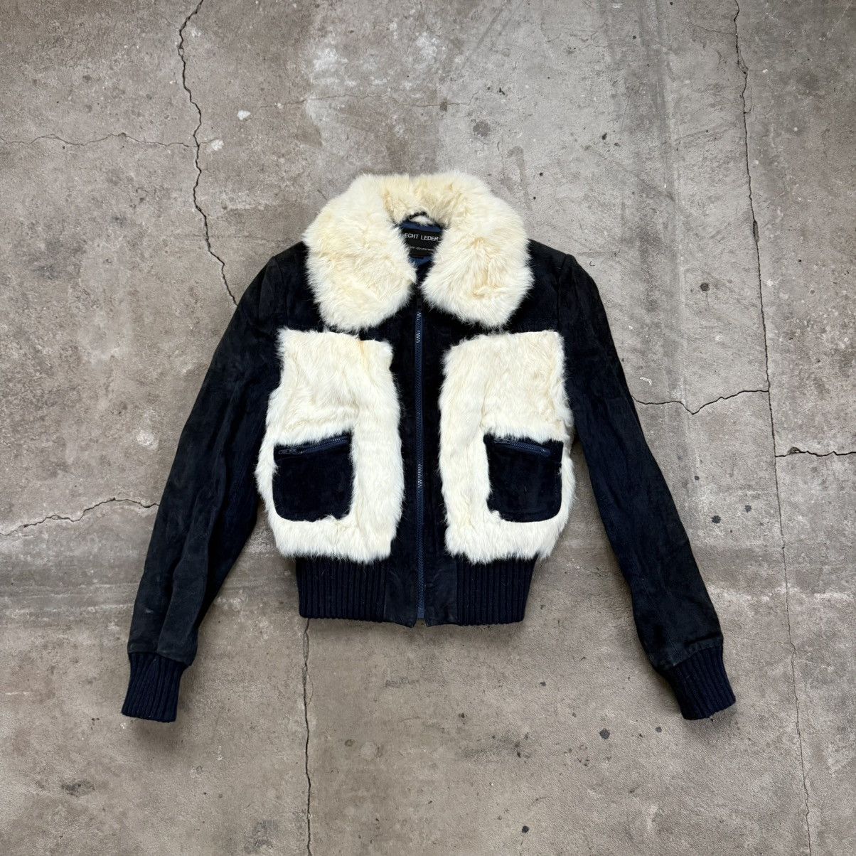 Le Grande Bleu (L.G.B.) Vintage Echt Leder Rabbit Fur Suede Navy Bomber Jacket Size XS / US 0-2 / IT 36-38 - 1 Thumbnail
