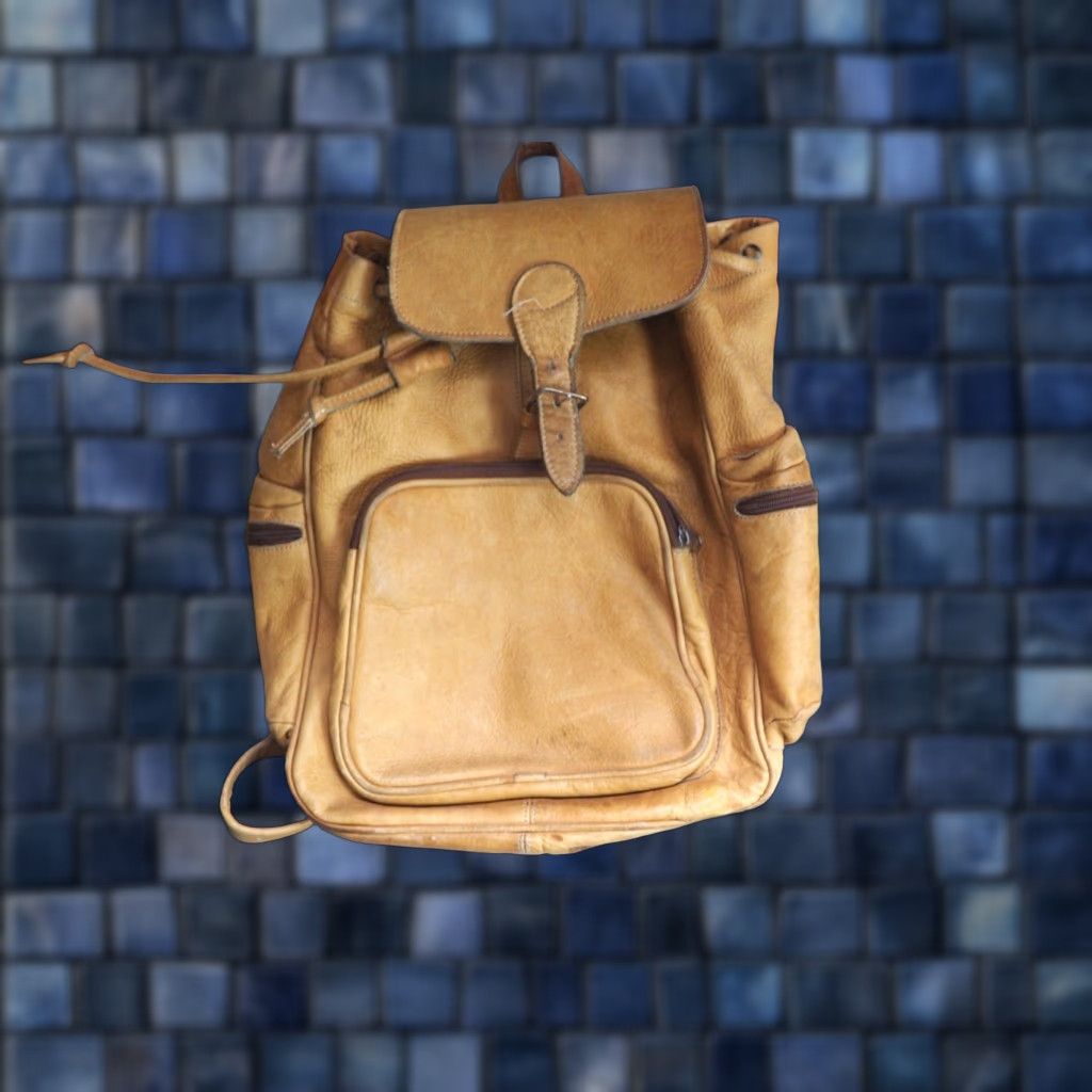 Vintage VINTAGE VTG Light Brown Heavy Tooled Leather Drawstring Boho Hippy Y2k Backpack Bag Size ONE SIZE - 1 Thumbnail