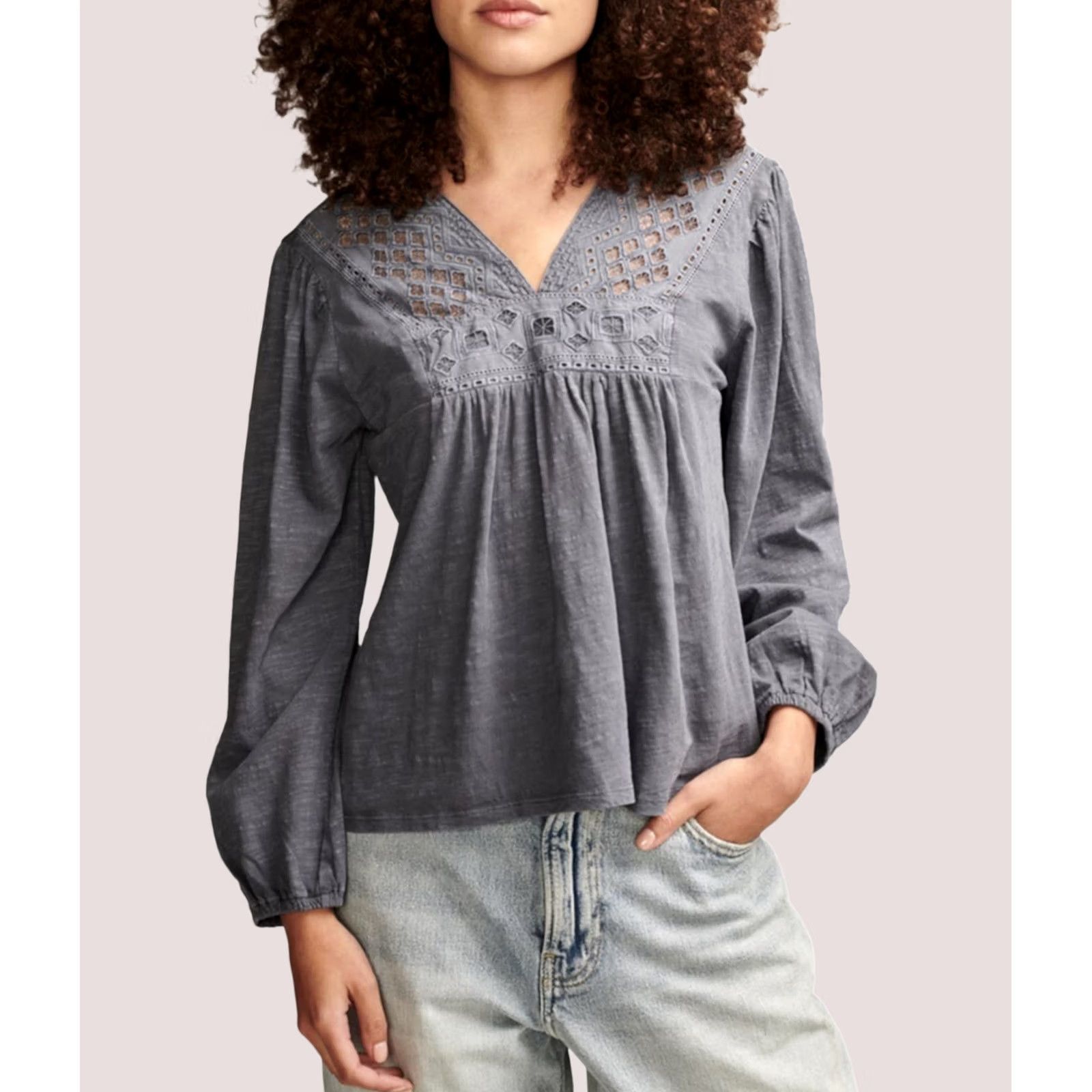 Lucky Brand Lucky Brand Womens Embordered Accents Peasant Blouse Blue Small Size S / US 4 / IT 40 - 1 Thumbnail