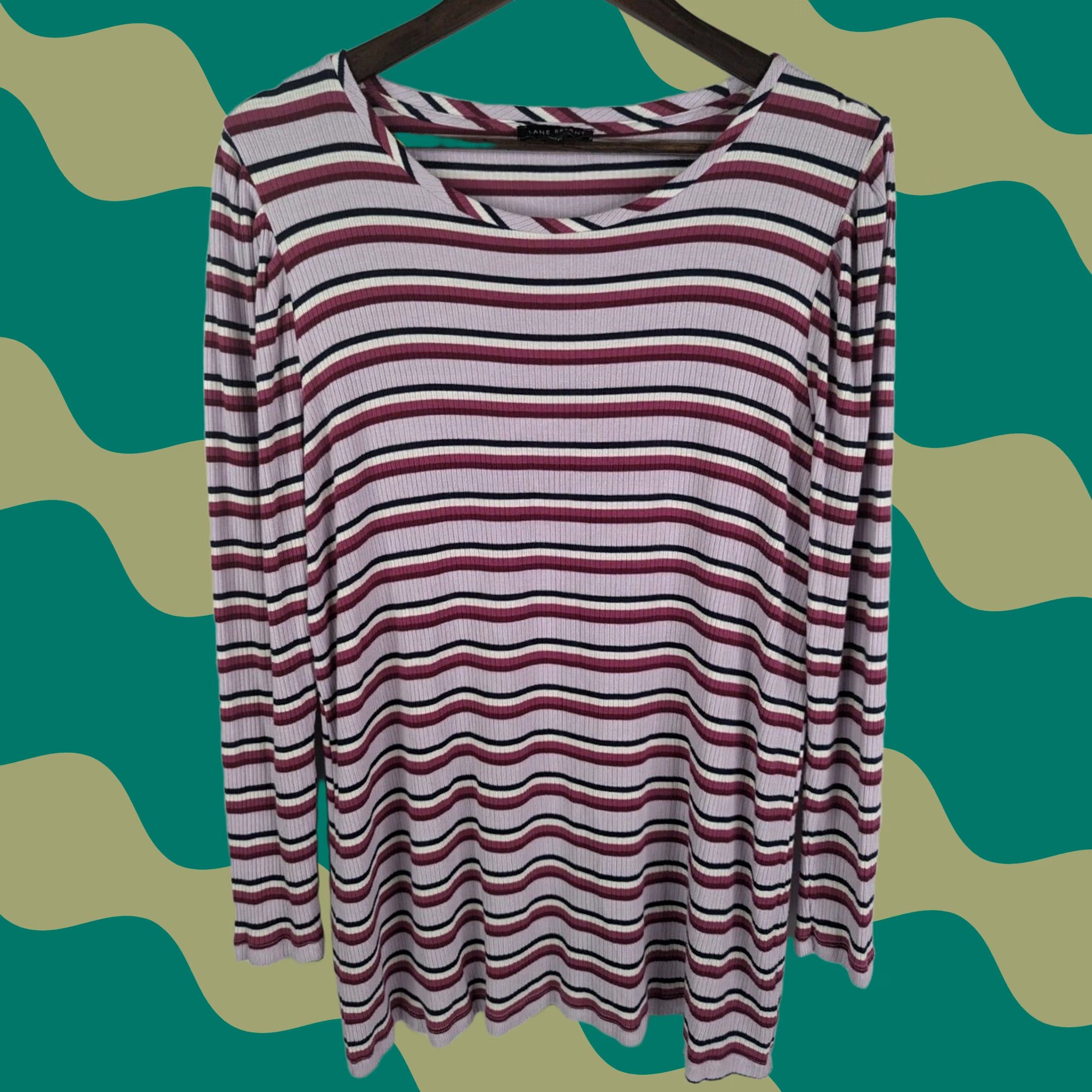 Vintage Lane Bryant Puff-Shoulder Ribbed Tee Women's Plus 20 Long Sleeve Striped Pink Navy Size 3XL / US 20-22 - 1 Thumbnail
