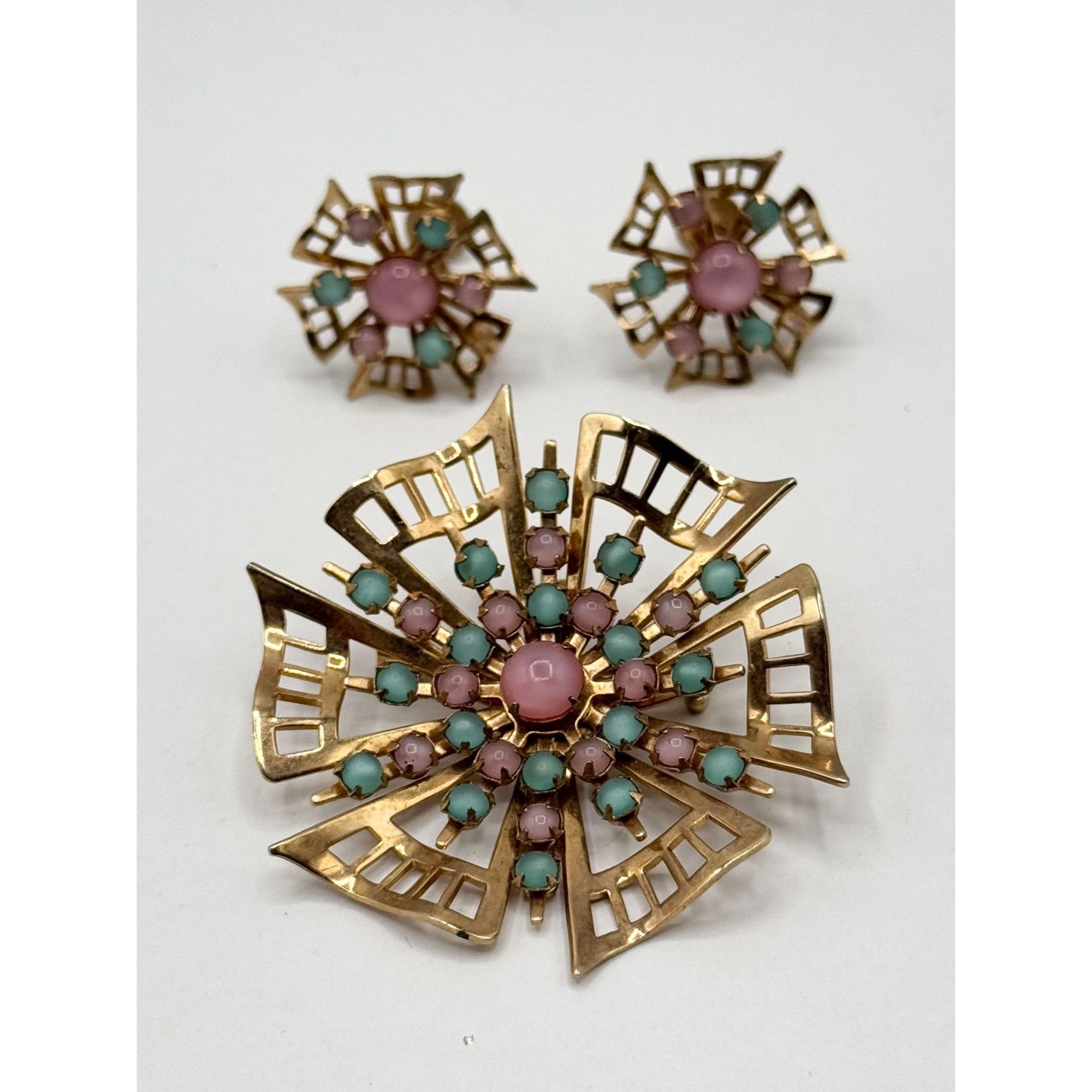 Vintage Vintage pink and blue glass filigree flower brooch pin and e Size ONE SIZE - 5 Thumbnail