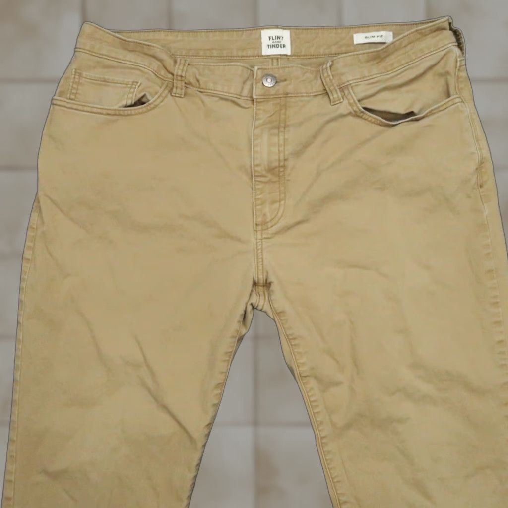 Vintage Flint & Tinder Pants Mens 36x26 Slim Fit Chino 5-Pocket Design Brown Tan Trousers Size US 36 / EU 52 - 1 Thumbnail