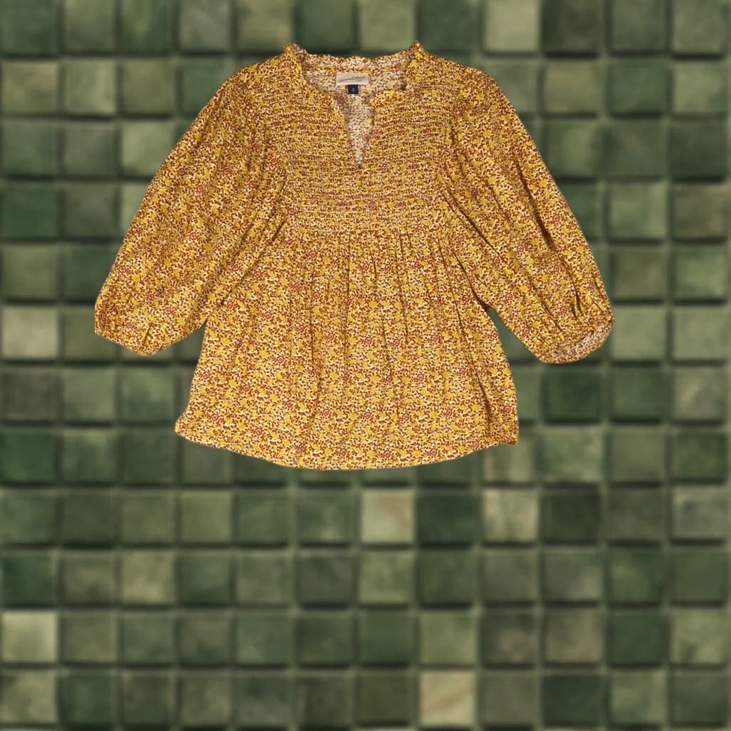 Vintage Universal Thread Blouse Shirt Cotton/Rayon Yellow Floral 3/4 Puff Sleeve V-Neck Smocked Relaxed M Womens Size M / US 6-8 / IT 42-44 - 1 Thumbnail