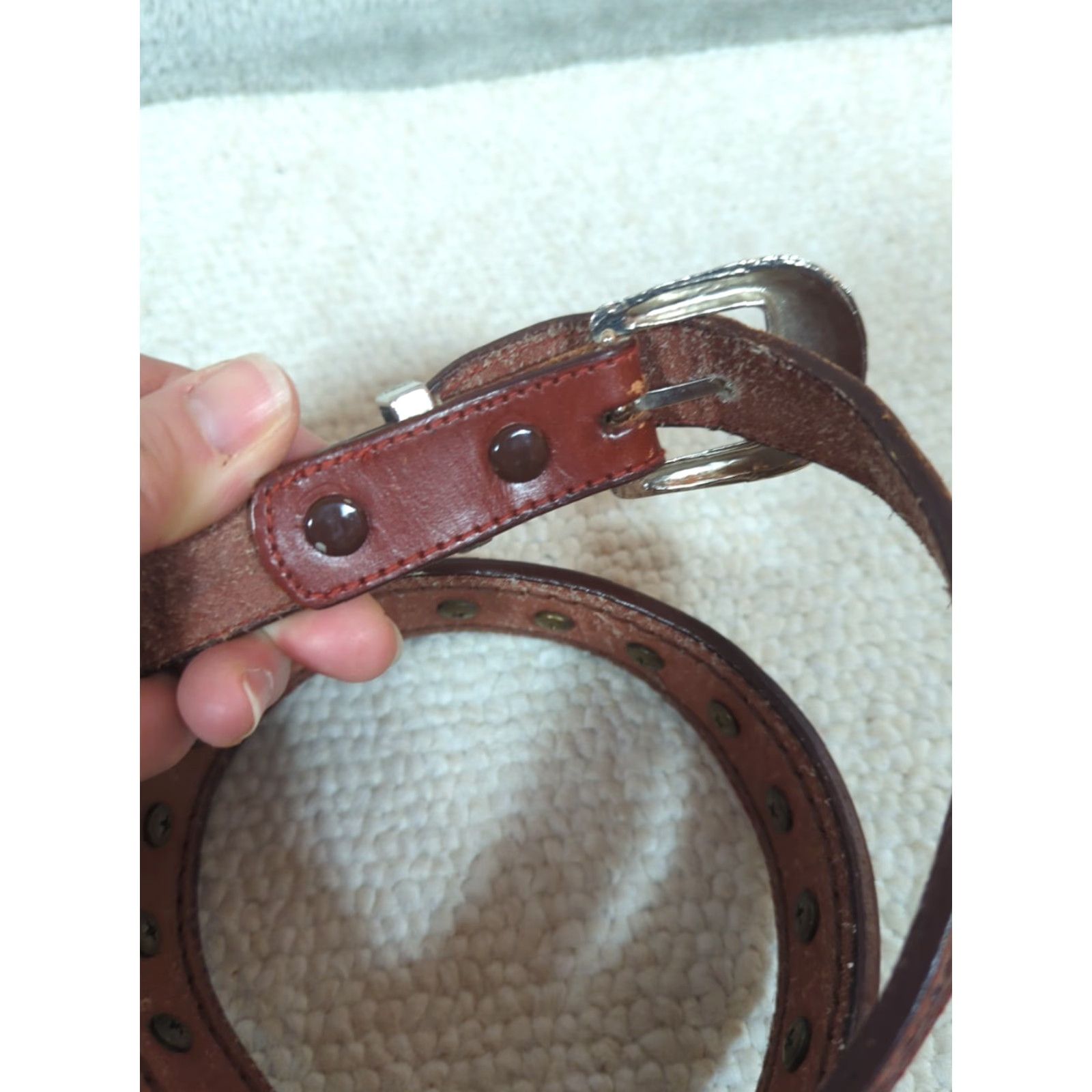 Vintage Nocona Western Belt Unisex Adults Size 32 Brown Leather Hand Tooled Medallions Buckle Adjustable USA Size 32 - 5 Thumbnail