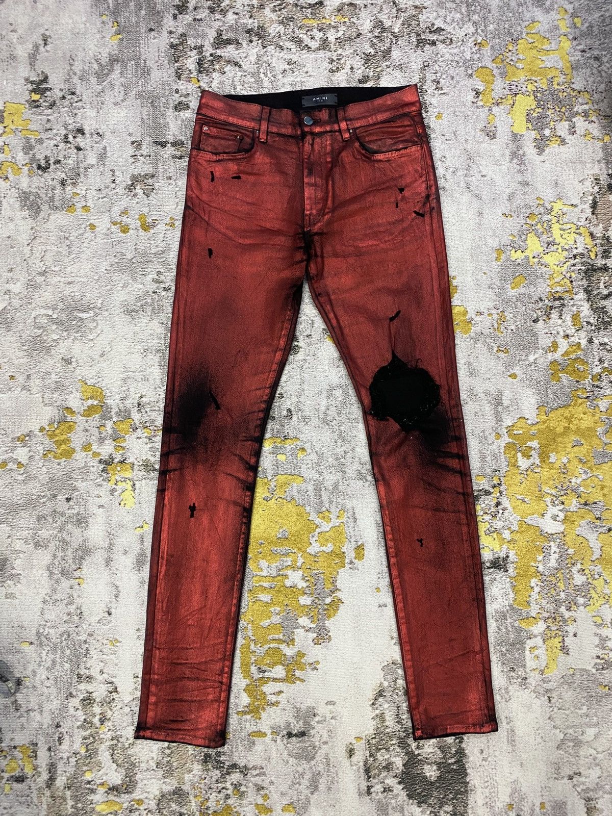 Amiri Knee Hole Red Waxed Denim Jeans