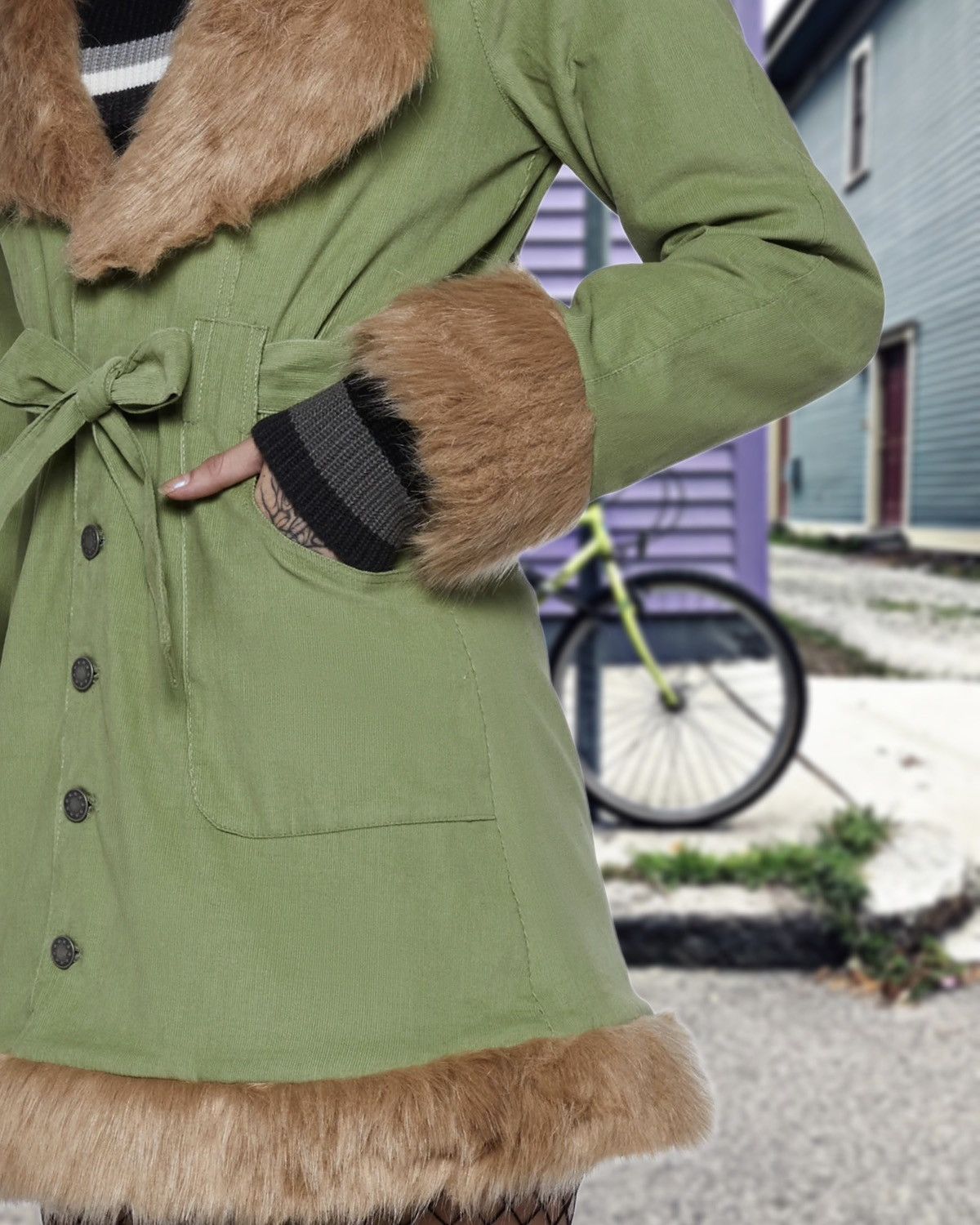 Vintage dELiA*s Daisy Dear Sherpa green cord mohair retro peacoat 90 Size XS / US 0-2 / IT 36-38 - 2 Thumbnail