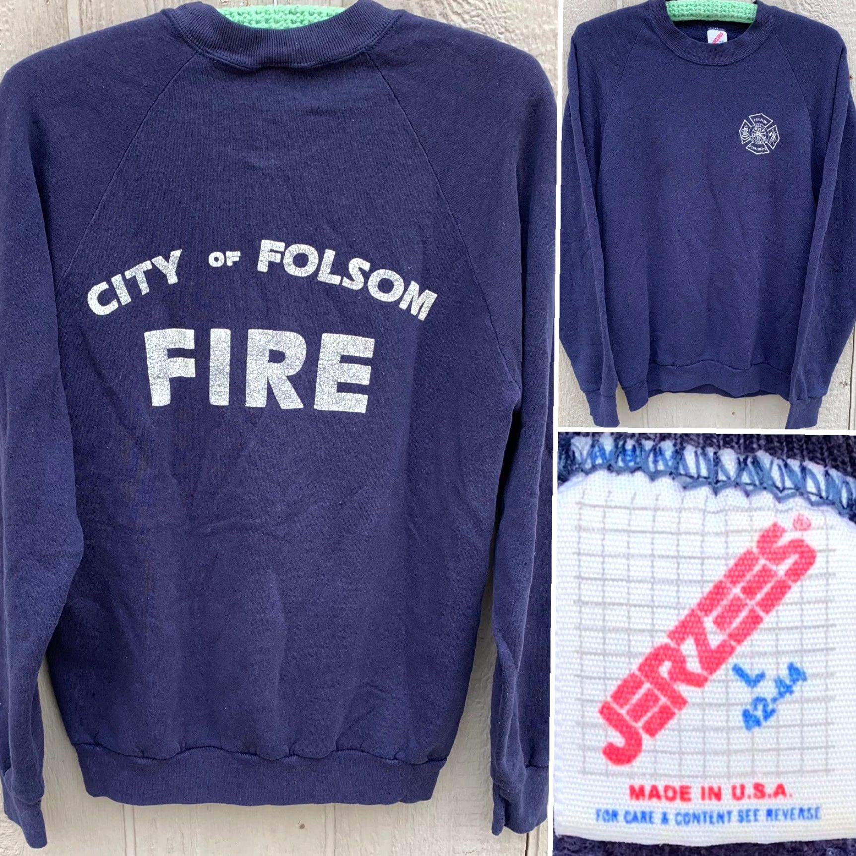 Jerzees VINTAGE Folsom Fire Dept City of Folsom Fire Raglan Sweatshirt Mens L Blue Graphic Print Pullover Crewneck Sweatshirt, 80s Era, Made in USA Size US L / EU 52-54 / 3 - 2 Thumbnail