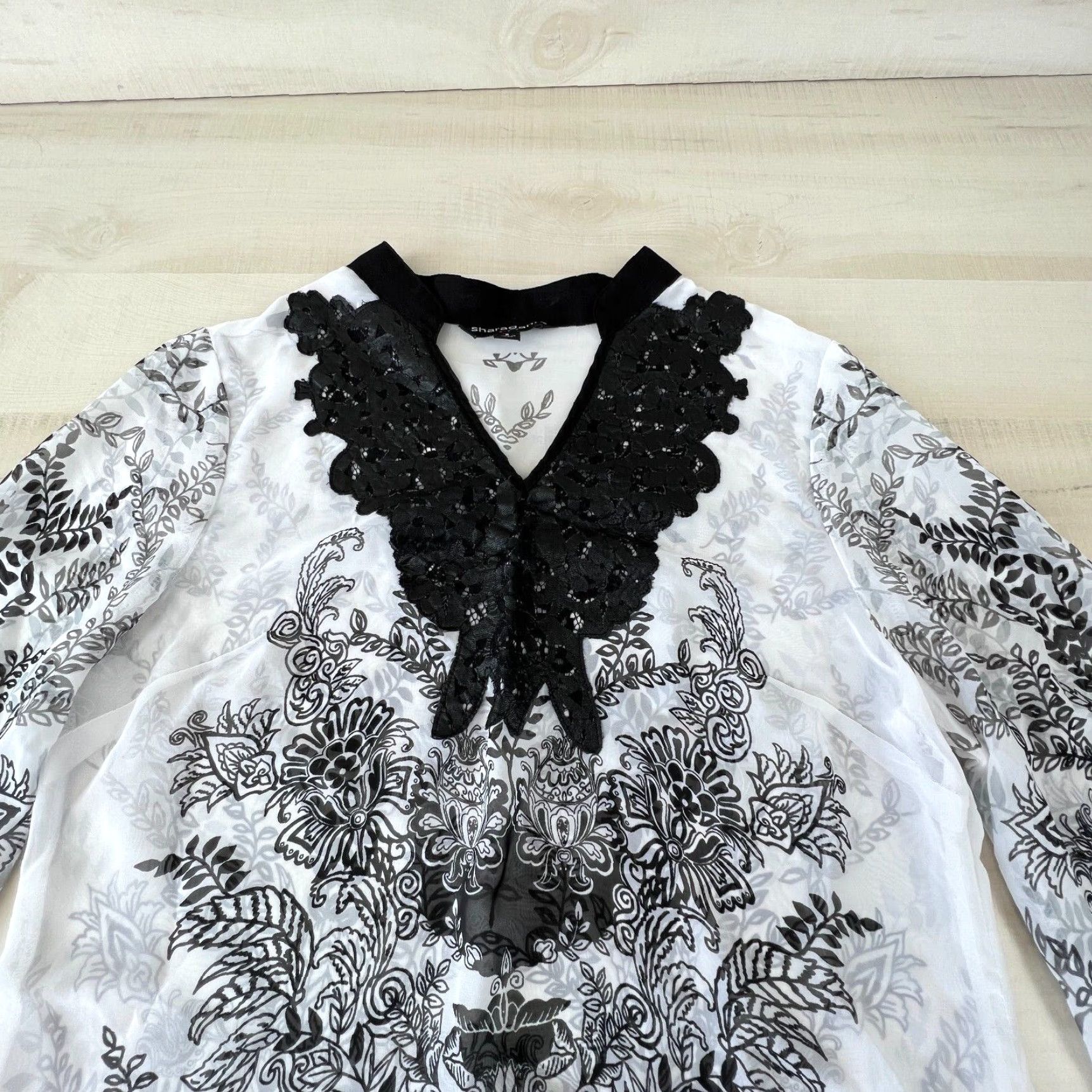 Vintage Sharagano Womens Semi Sheer Blouse Small White Black Boho Shirt Size S / US 4 / IT 40 - 3 Thumbnail