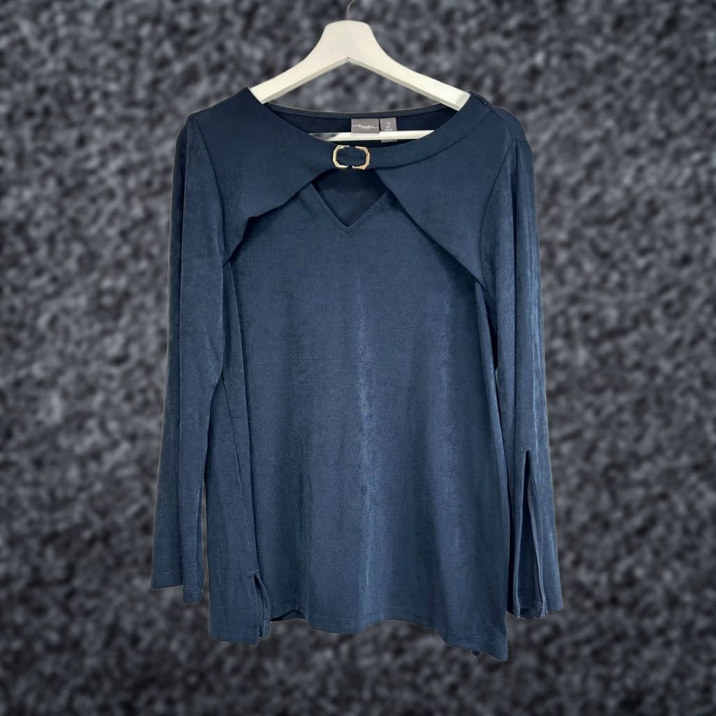 Vintage Chico's Travelers Flare Split Sleeve Top Size 2 Navy Slinky Knit Keyhole Neck Size XS / US 0-2 / IT 36-38 - 1 Thumbnail