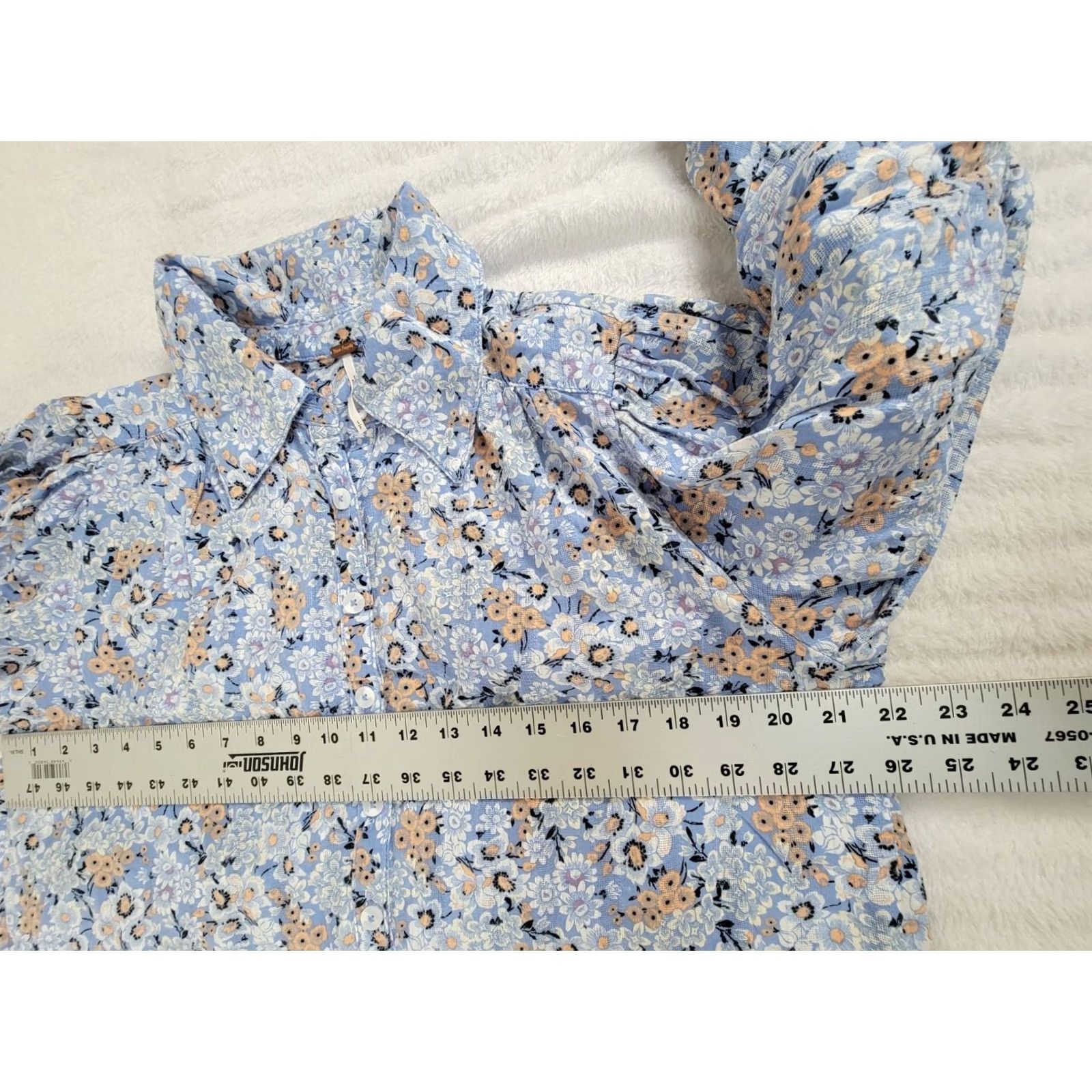 Free People Free People Women Floral Button-Up Puff Sleeve Blouse Small Light Blue Cotton Shirt Womens Size S / US 4 / IT 40 - 6 Thumbnail