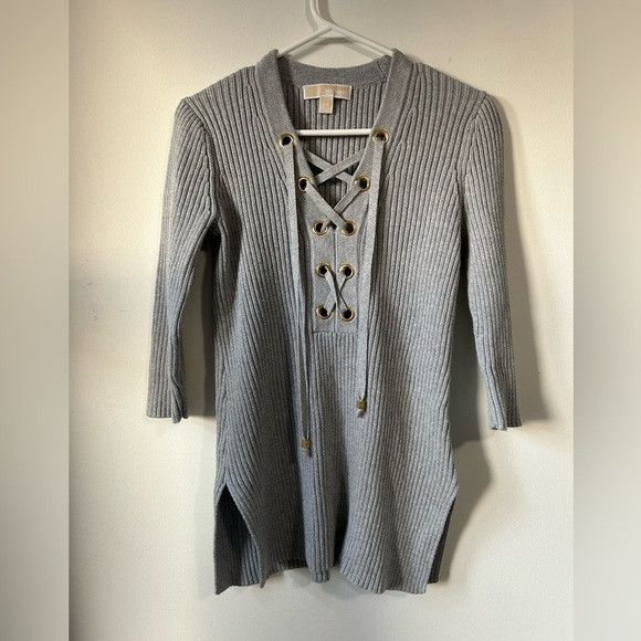 Michael Kors Michael Kors Lace Up Grey 3/4 Sleeve Ribbed Sweater Size S / US 4 / IT 40 - 1 Thumbnail