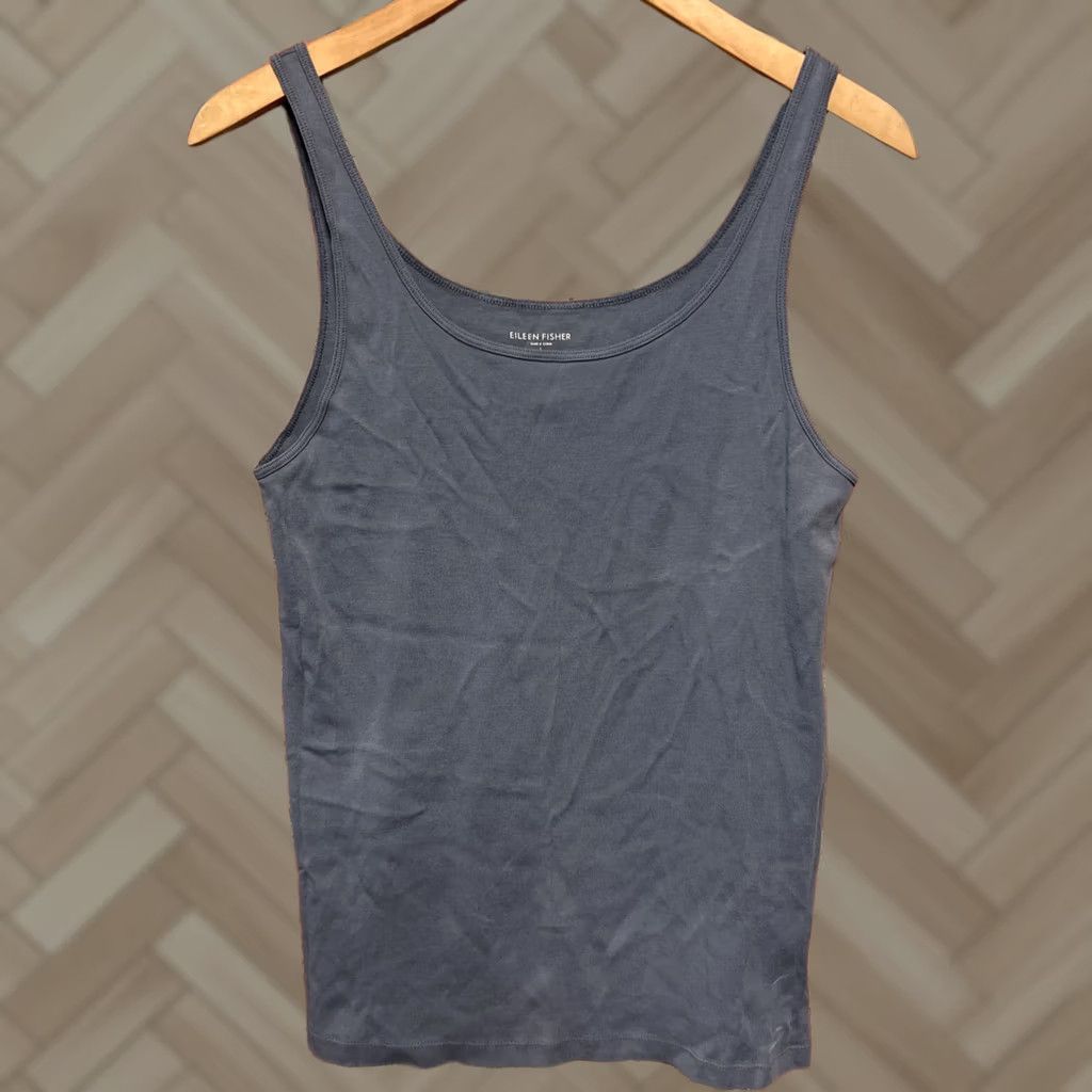 Eileen Fisher EILEEN FISHER Tank Top M Organic Cotton Ribbed Jersey Scoop Neck Slim Shell Gray Size L / US 10 / IT 46 - 1 Thumbnail