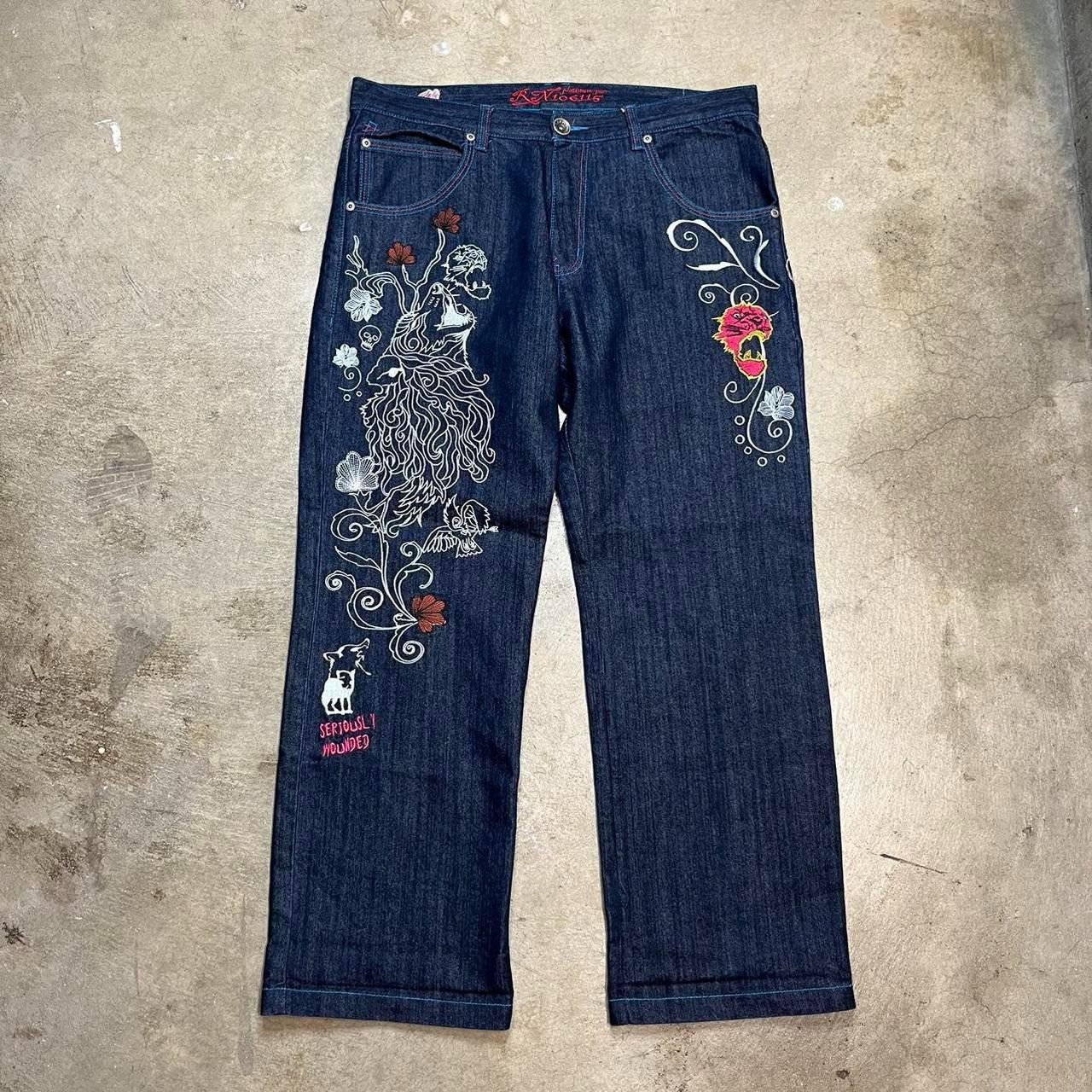 image of Vintage Y2K Platinum Gear Jeans Baggy Embroidered Dark Wash in Denim, Men's (Size 40)