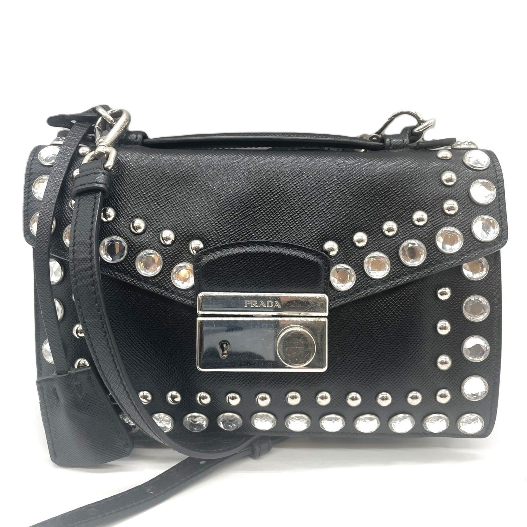 Prada Prada Shoulder Bag Pochette 2-Way Beaded Studs Saffiano Leather Nero Black PRADA Size ONE SIZE - 1 Thumbnail