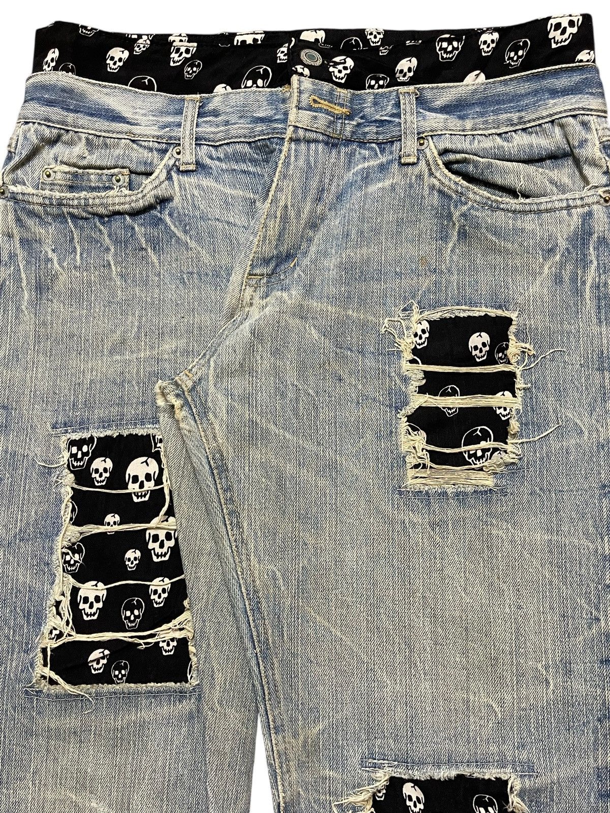 If Six Was Nine Vintage Japanese Mud Thunder Wash Patch Skull Distress Jeans Size US 31 - 4 Thumbnail