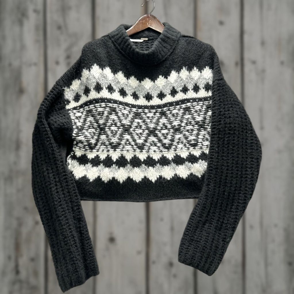 Free People Free People Sweater Womens Medium Black Fair Isle Mock Neck Cropped Pullover Size M / US 6-8 / IT 42-44 - 1 Thumbnail