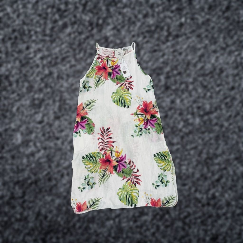 Lungo L'arno Women Dress Midi Sleeveless Floral Linen Boho Casual Summer  Spring Fall Large NWT Italy