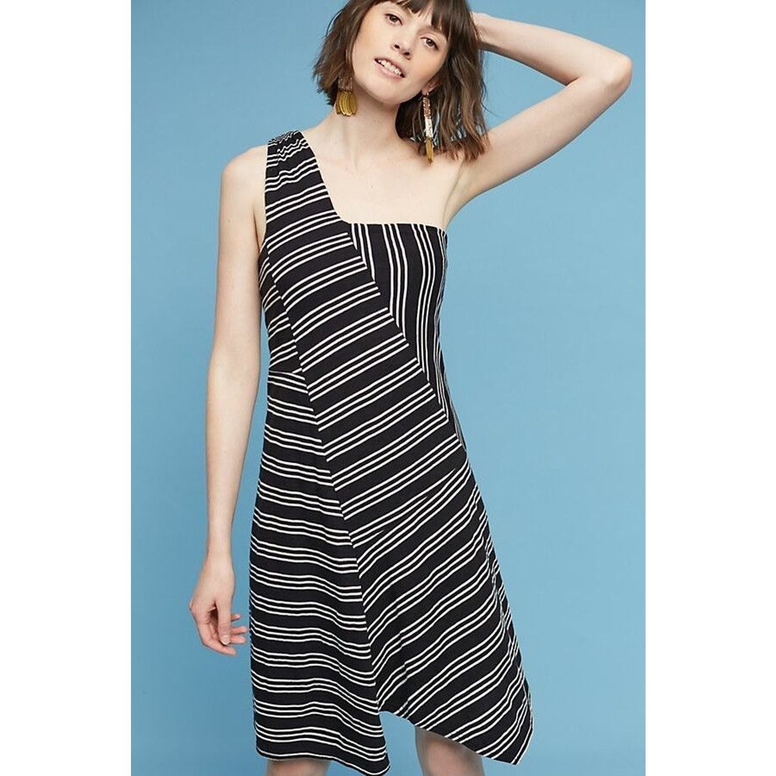 Anthropologie New Anthropologie Moka One-Shoulder Dress by Maeve B&W XS Size XS / US 0-2 / IT 36-38 - 4 Thumbnail