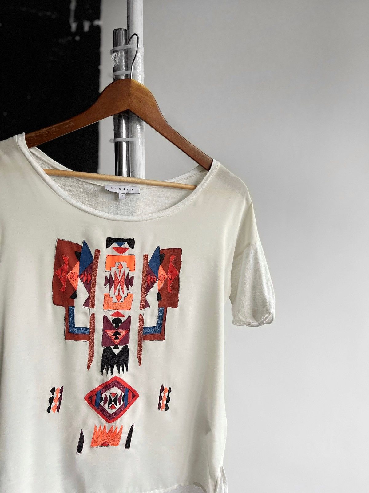 Sandro Sandro Paris Womens Linen Short Sleeve T-Shirt Blouse Aztec Size S / US 4 / IT 40 - 2 Thumbnail