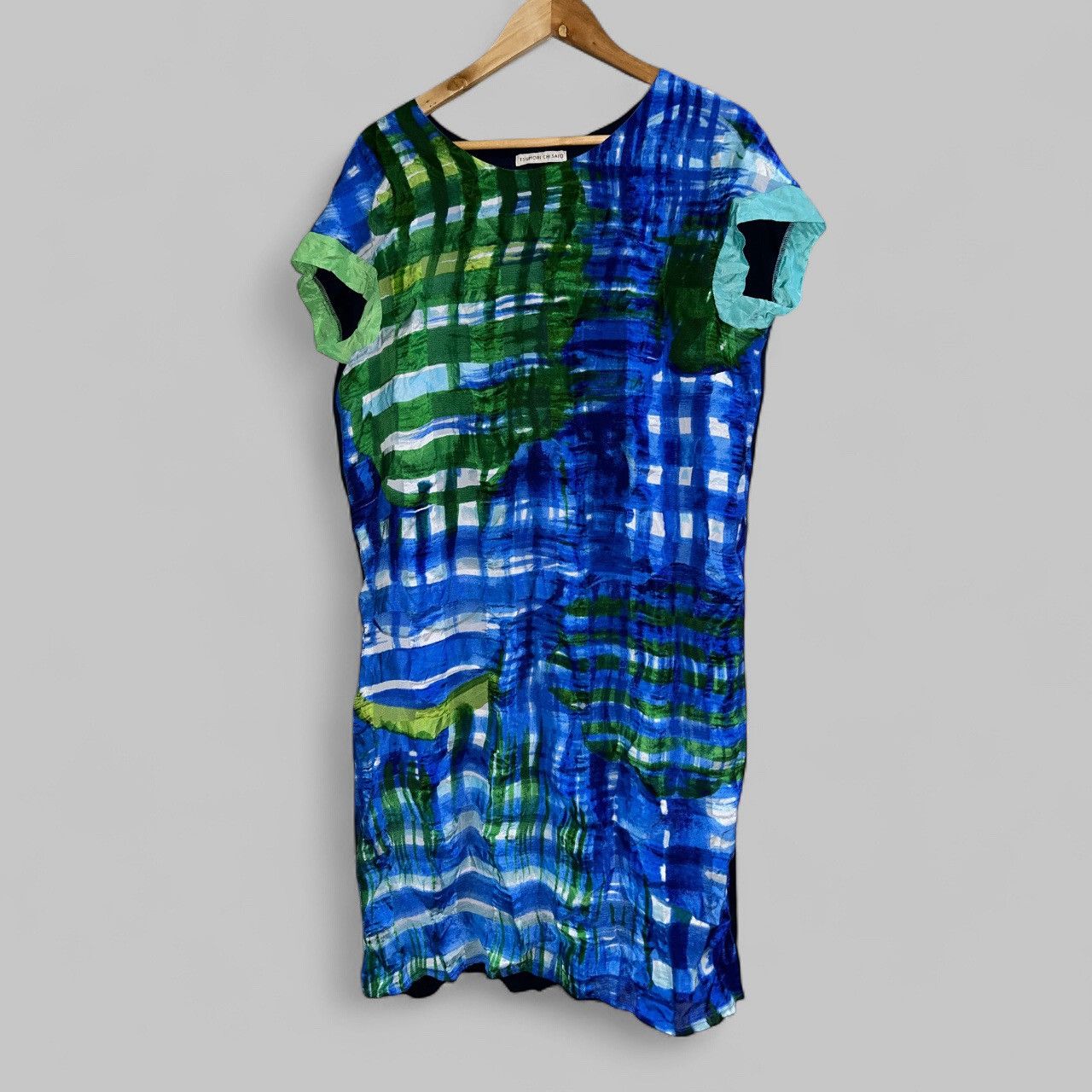 Tsumori Chisato Sleeveless Abstract Plaid Blue Green Dress Size XL / US 12-14 / IT 48-50 - 2 Thumbnail
