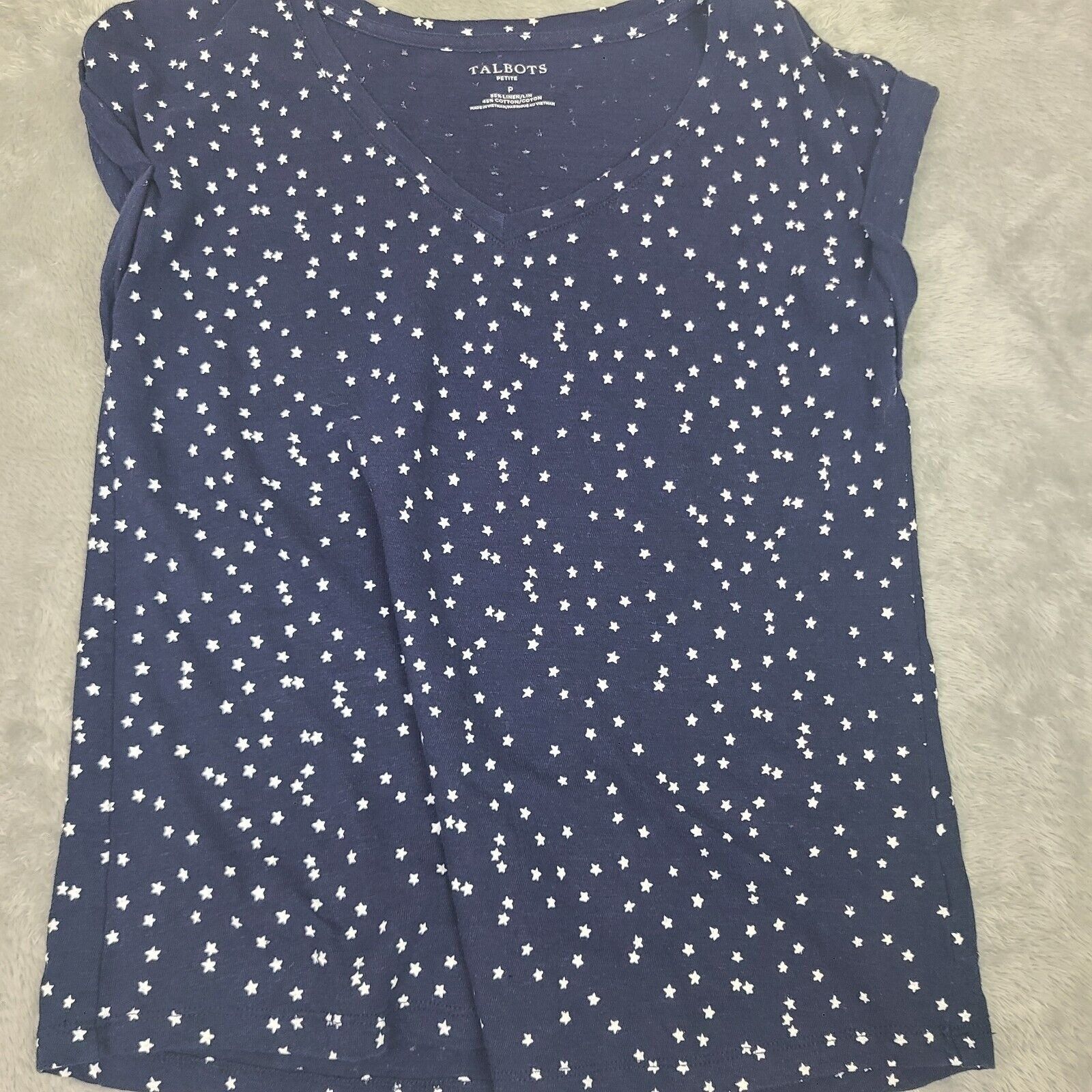 Talbots Talbots Linen BLend Womens Petite Short Sleeve Blue Cuffed S Size ONE SIZE - 1 Thumbnail