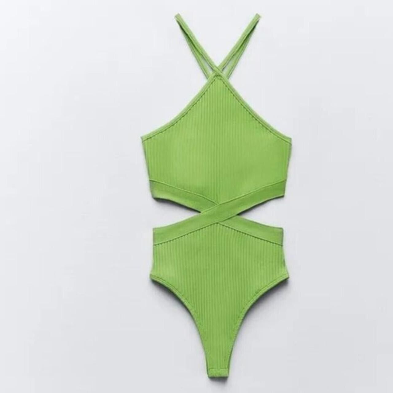 Zara Zara Rib Cutout Y2K Halter Bodysuit Green ( S ) Size S / US 4 / IT 40 - 6 Thumbnail