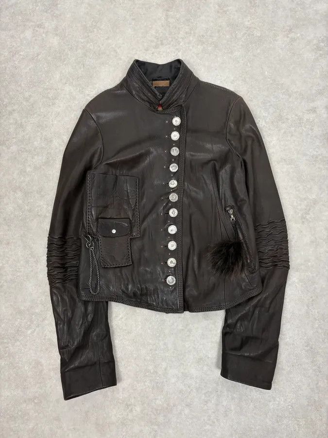 Marithe + Francois Girbaud SS2003 Marithé + François Girbaud Brown Asymmetrical Buttoned Leather Jacket Size M / US 6-8 / IT 42-44 - 3 Thumbnail
