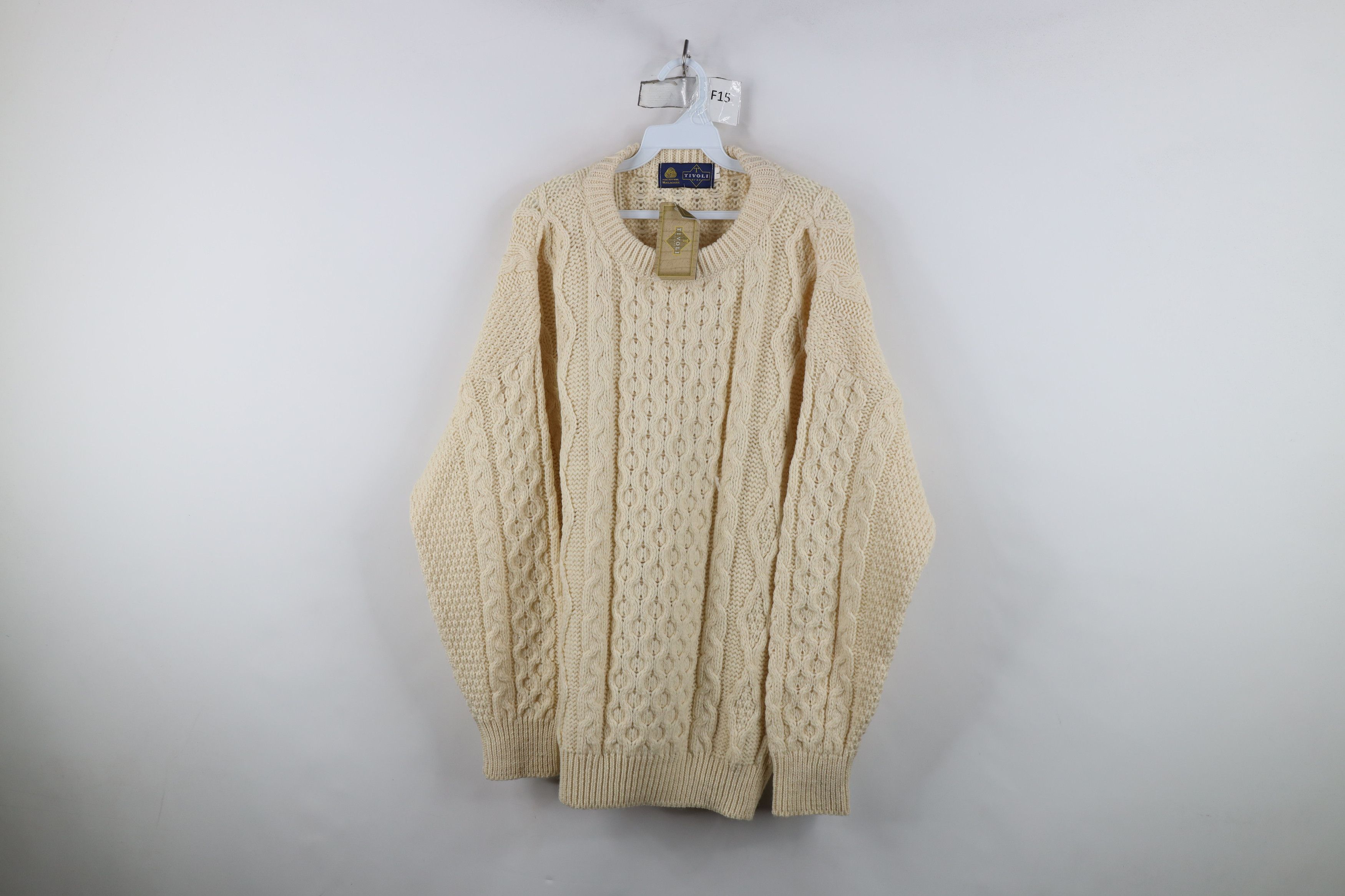 Vintage Deadstock Vintage 90s Wool Cable Knit Sweater Cream Size US L / EU 52-54 / 3 - 1 Thumbnail