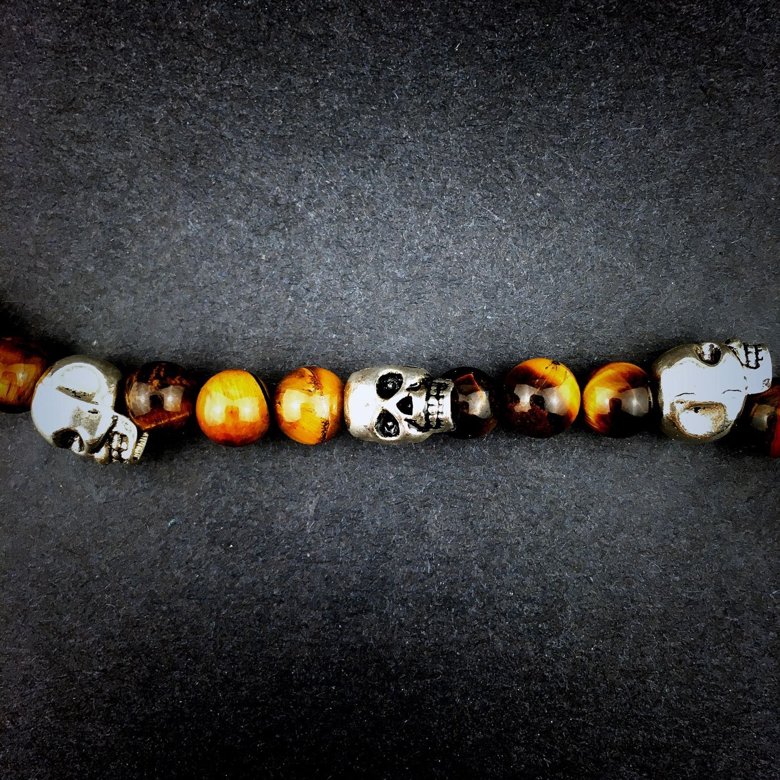 Handmade 💀Silver Skull and Genuine Tiger’s Eye Beaded Bracelet Size ONE SIZE - 3 Thumbnail