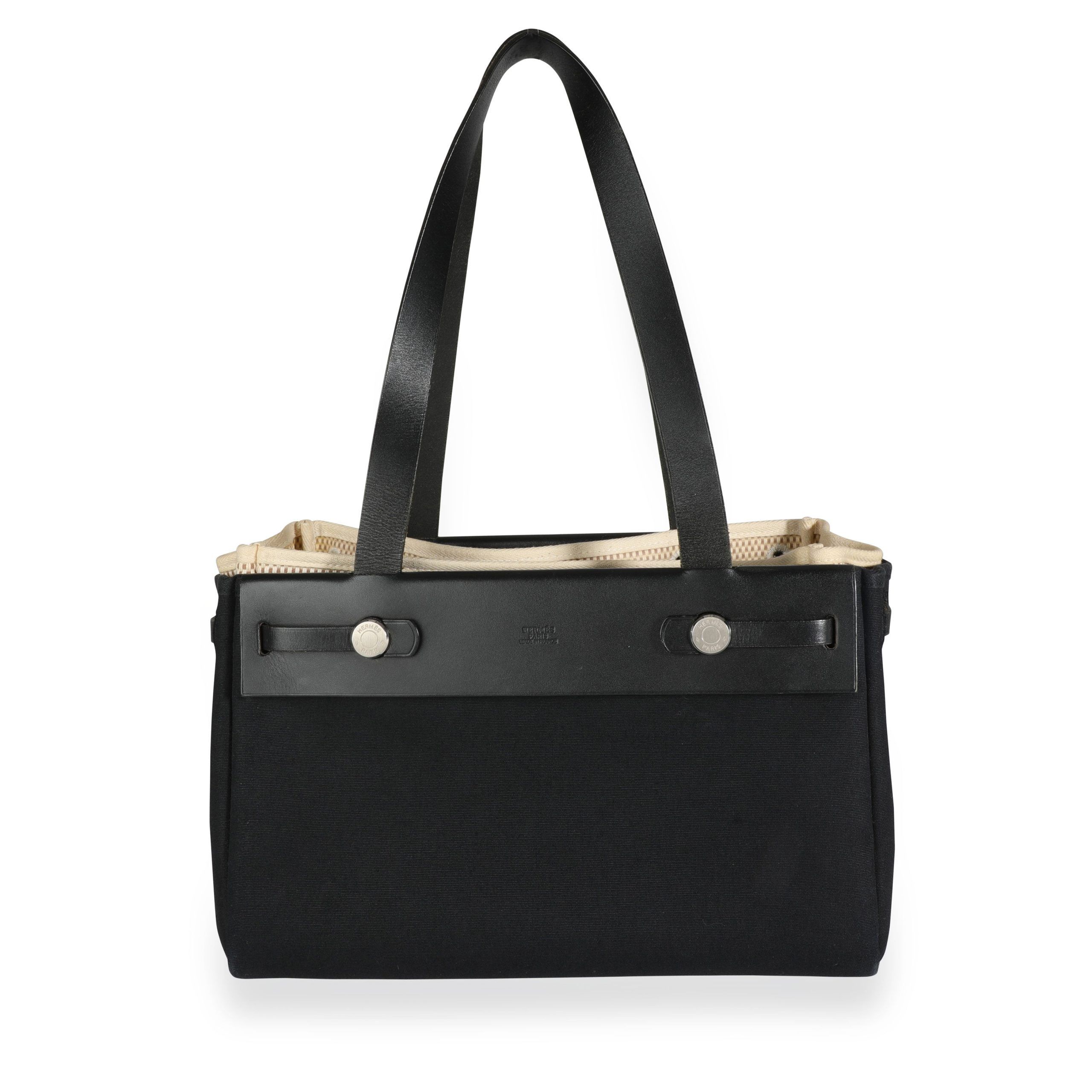 image of Hermes Black Canvas & Vache Hunter Leather 2-In-1 Herbag Cabas Tote Phw, Women's
