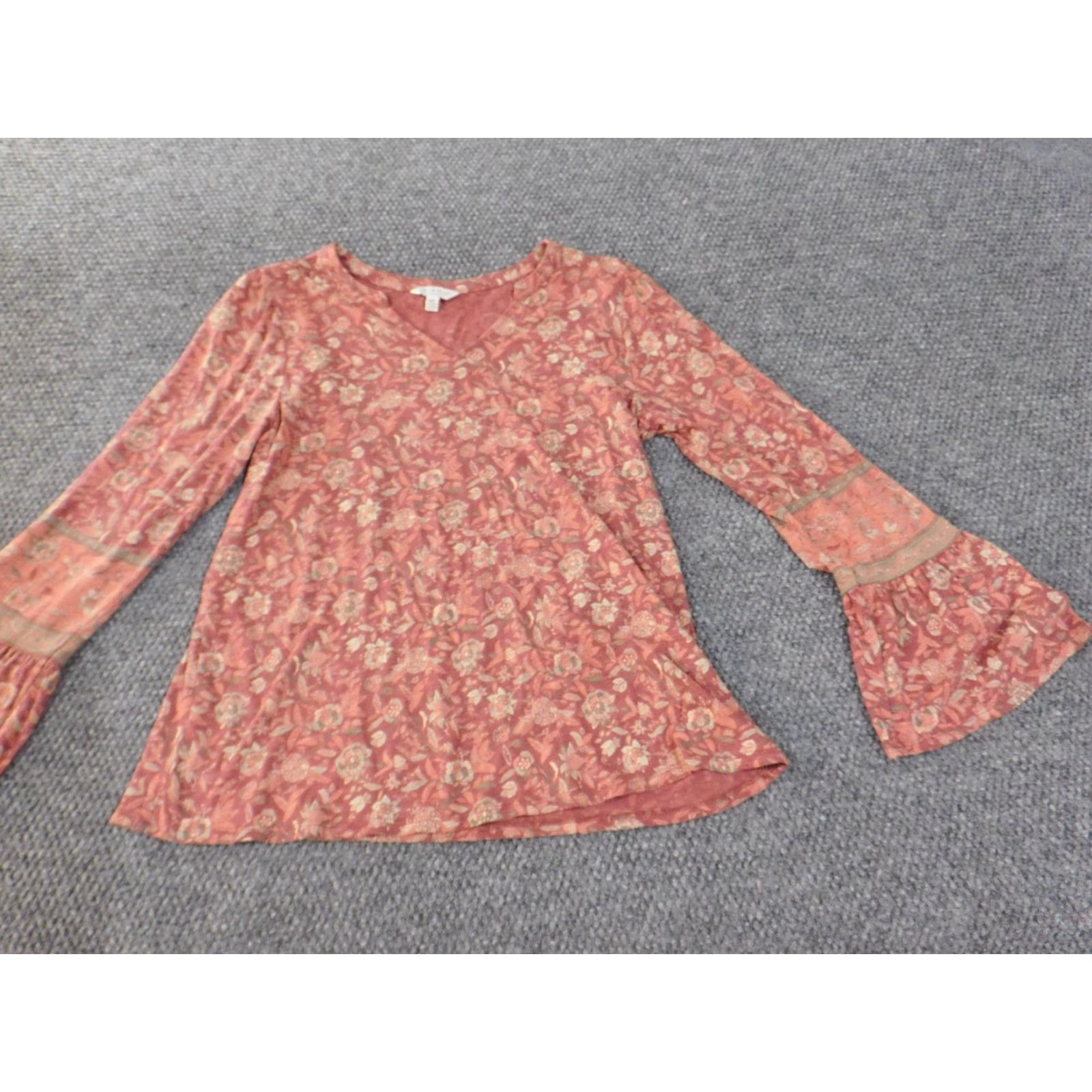 Lucky Brand Lucky Brand Blouse Shirt Women M Pink Bell Sleeve Geometric Floral V-Neck Cotton Linen Viscose Rayon Stretch Regular Basic Casual Size M / US 6-8 / IT 42-44 - 3 Thumbnail