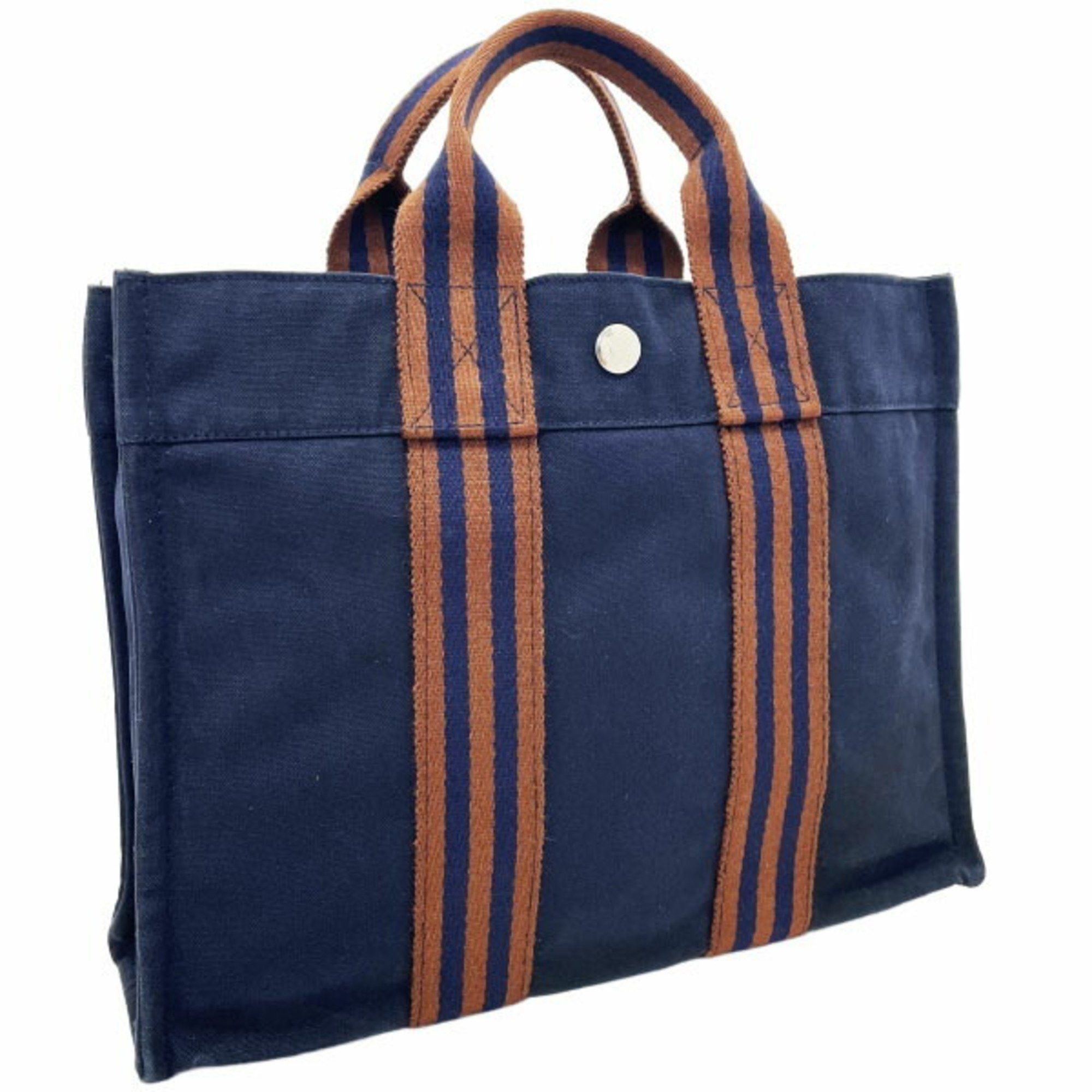 Hermes Tote Bag Fouleaux Pm Canvas Navy Brown Hermes Handbag Men Women Unisex Nn-13015