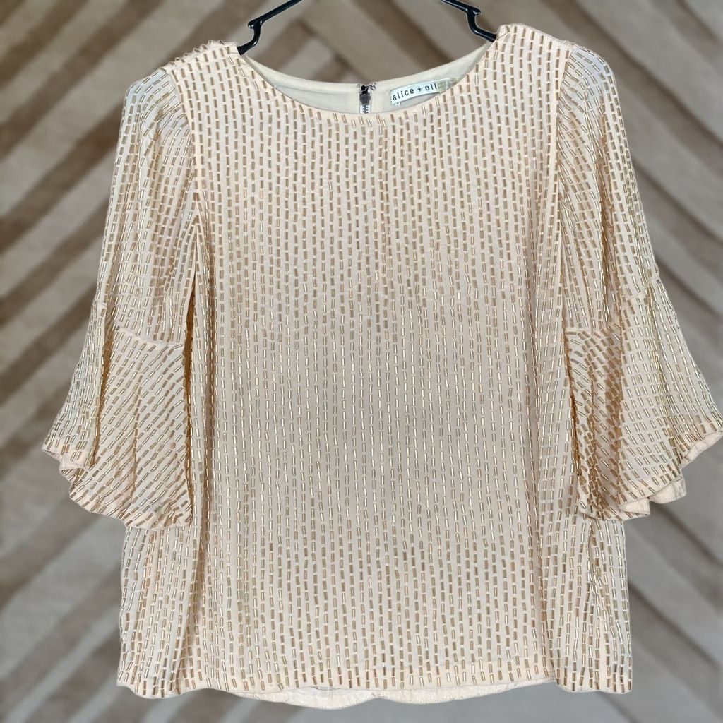 Alice + Olivia Alice + Olivia Womens Blouse Champagne Bernice Beaded Ruffle Sleeve Back Zip XS Size XS / US 0-2 / IT 36-38 - 1 Thumbnail