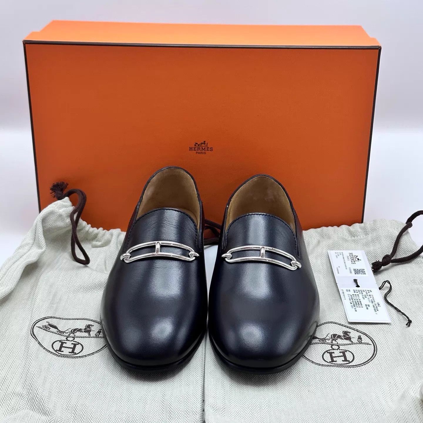 Hermes Black Leather Slip-On Shoes with Silver Buckle Size US 7 / EU 40 - 1 Thumbnail