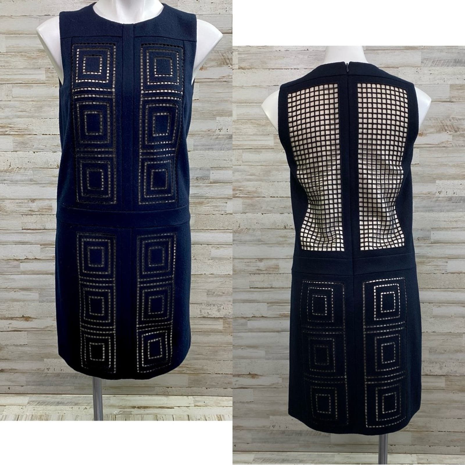 image of Tibi Wool Blend Square Grid Dress Size 2 Black Tan Sleeveless, Women's