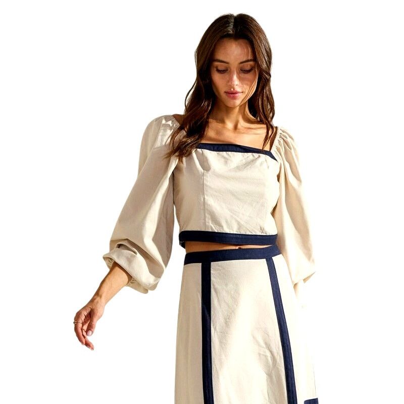 ABLE ABLE Sand Navy Contrast Trim Square Neck Top Midi Skirt Set Size 30" / US 8 / IT 44 - 4 Thumbnail